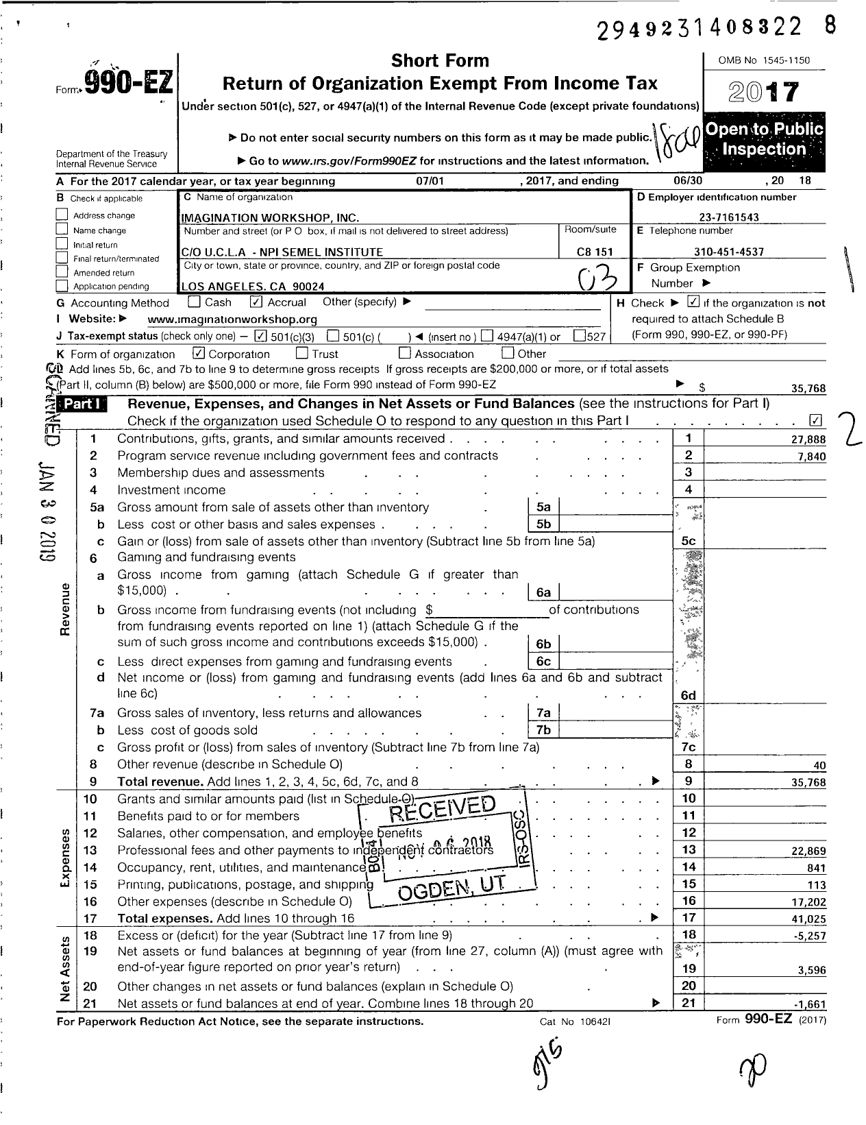 Image of first page of 2017 Form 990EZ for Imagination Workshop