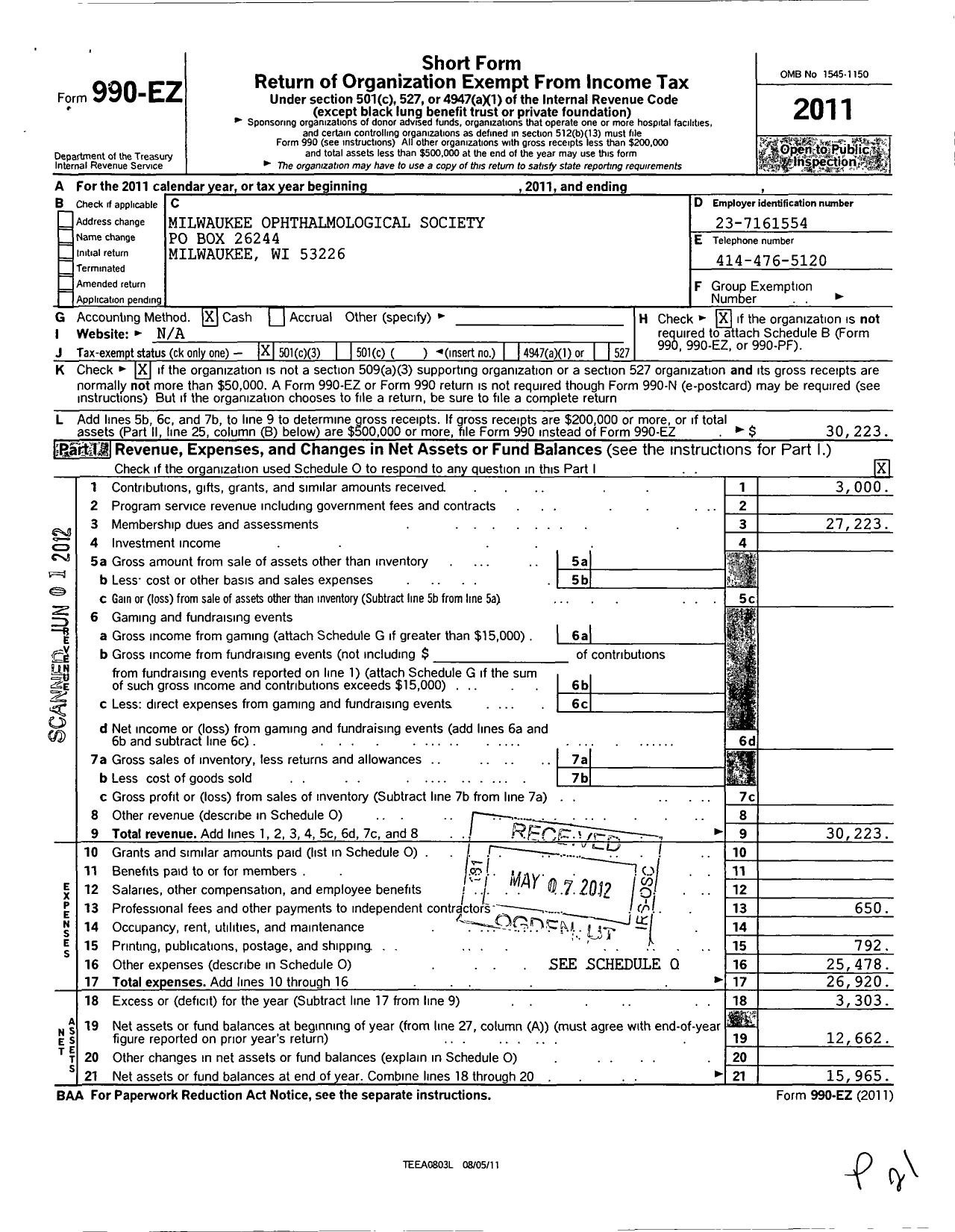 Image of first page of 2011 Form 990EZ for Milwaukee Ophthalmological Society