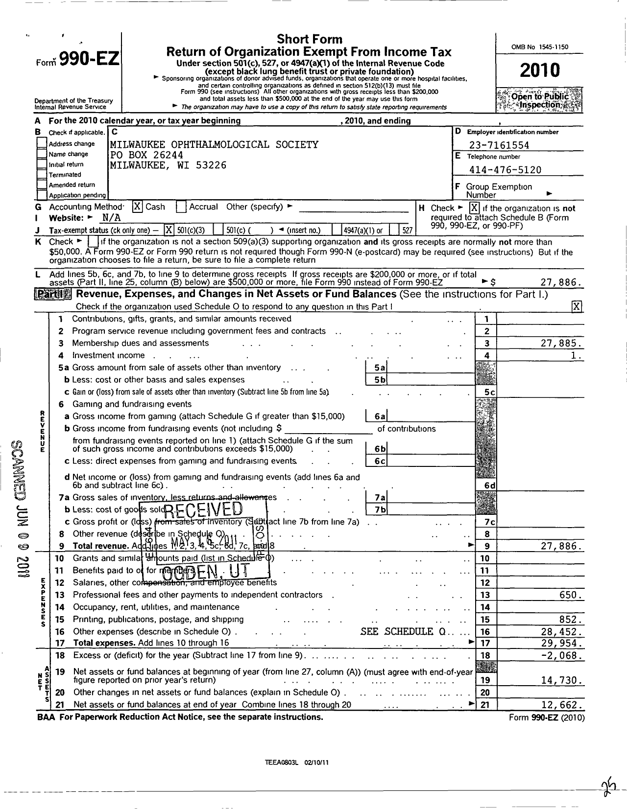 Image of first page of 2010 Form 990EZ for Milwaukee Ophthalmological Society