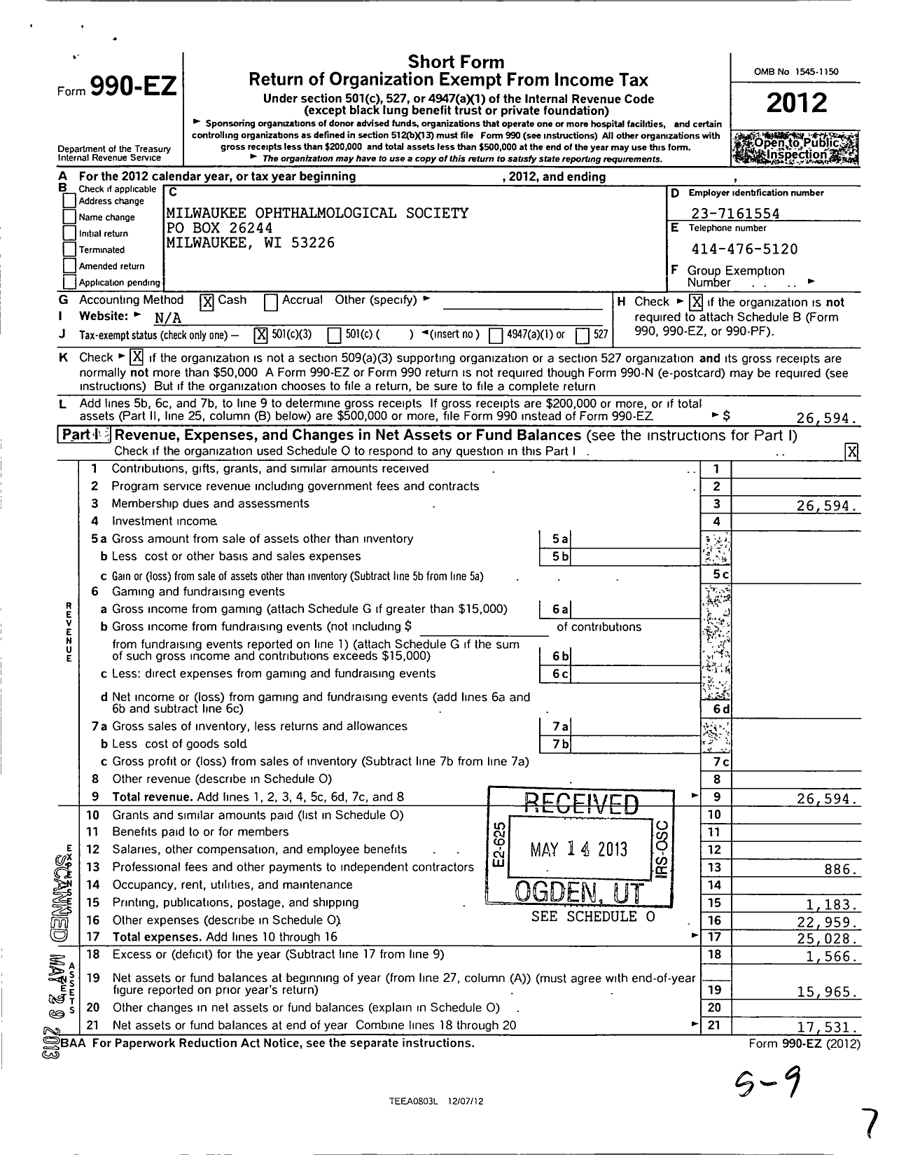 Image of first page of 2012 Form 990EZ for Milwaukee Ophthalmological Society