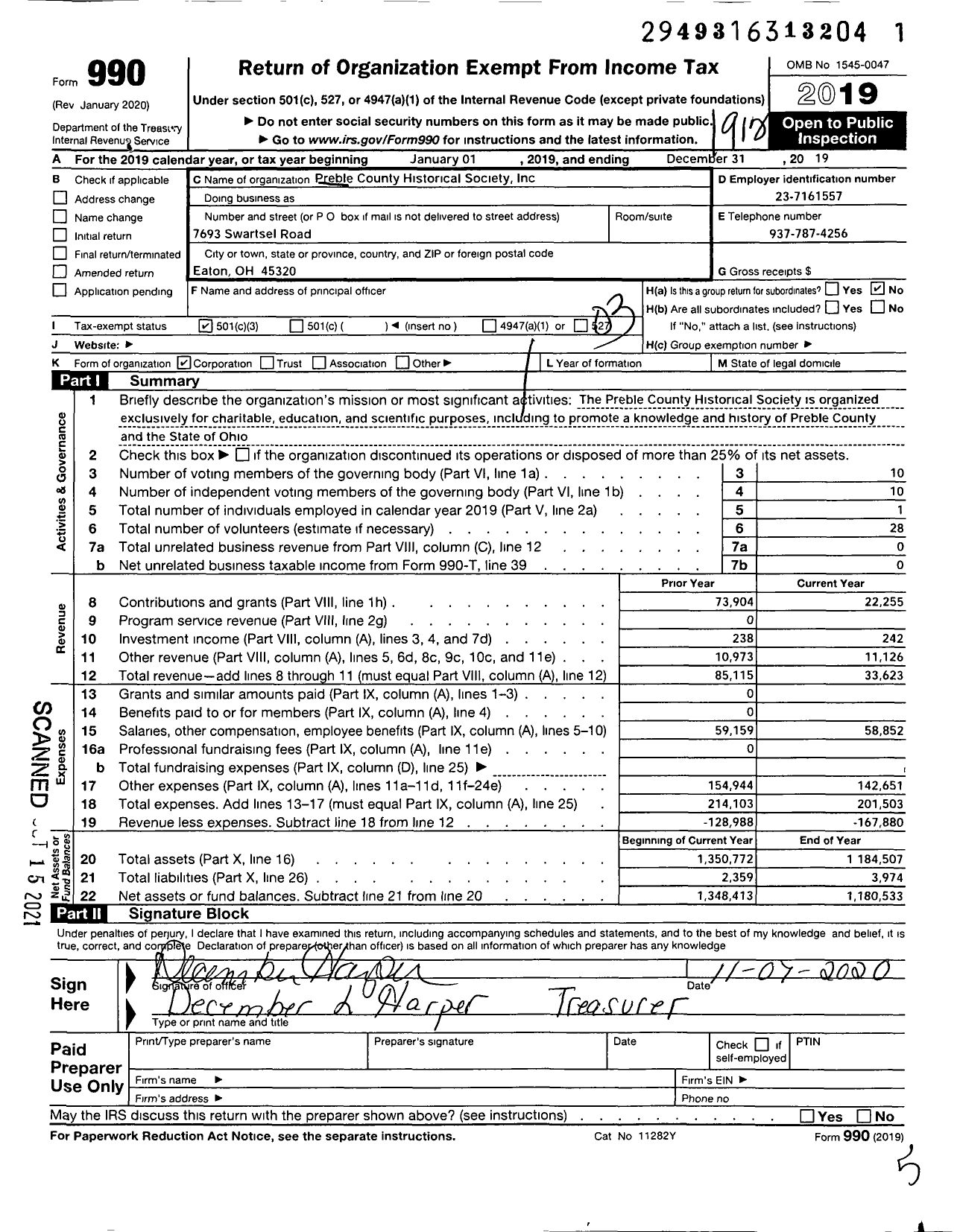 Image of first page of 2019 Form 990 for Preble County Historical Society