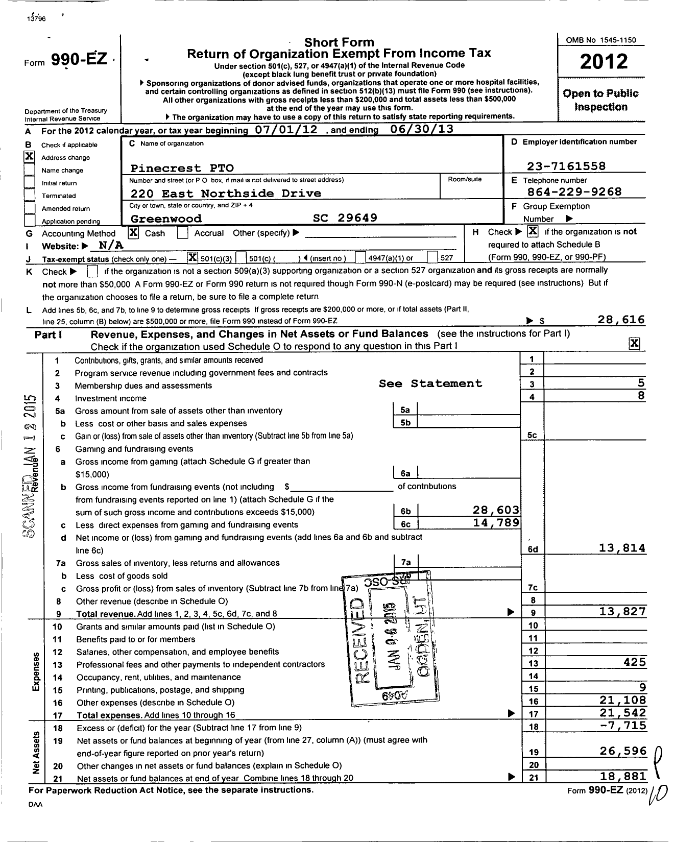 Image of first page of 2012 Form 990EZ for Pinecrest Pto