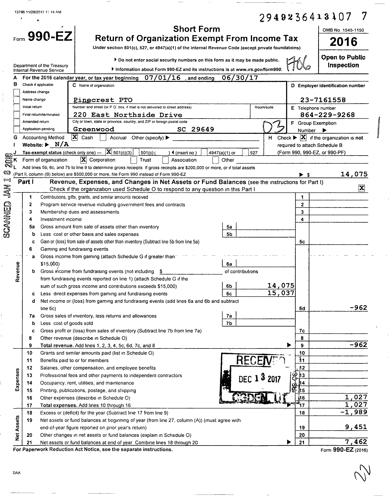 Image of first page of 2016 Form 990EZ for Pinecrest Pto