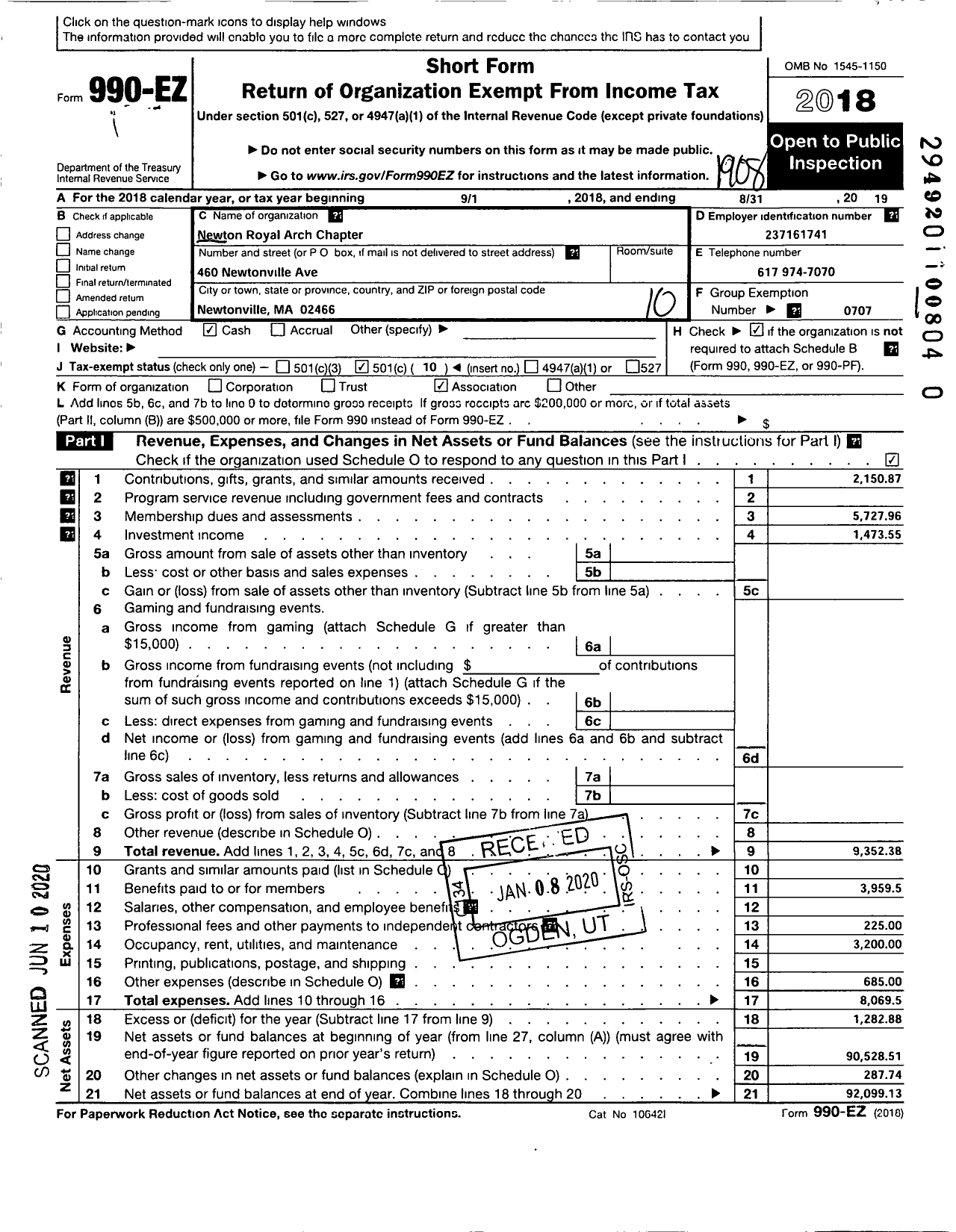 Image of first page of 2018 Form 990EO for Royal Arch Masons of Massachusetts / Newton Chapter