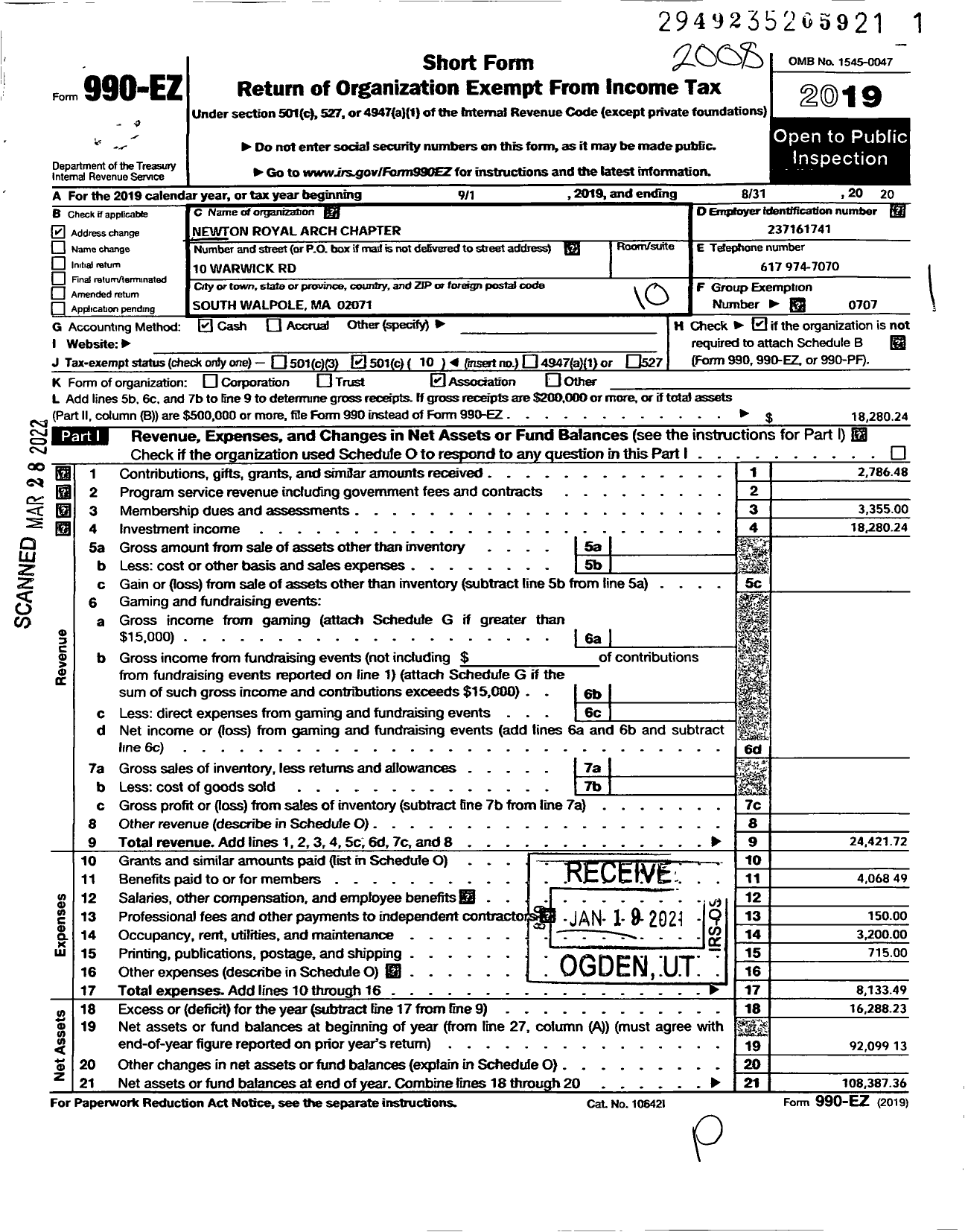 Image of first page of 2019 Form 990EO for Royal Arch Masons of Massachusetts / Newton Chapter