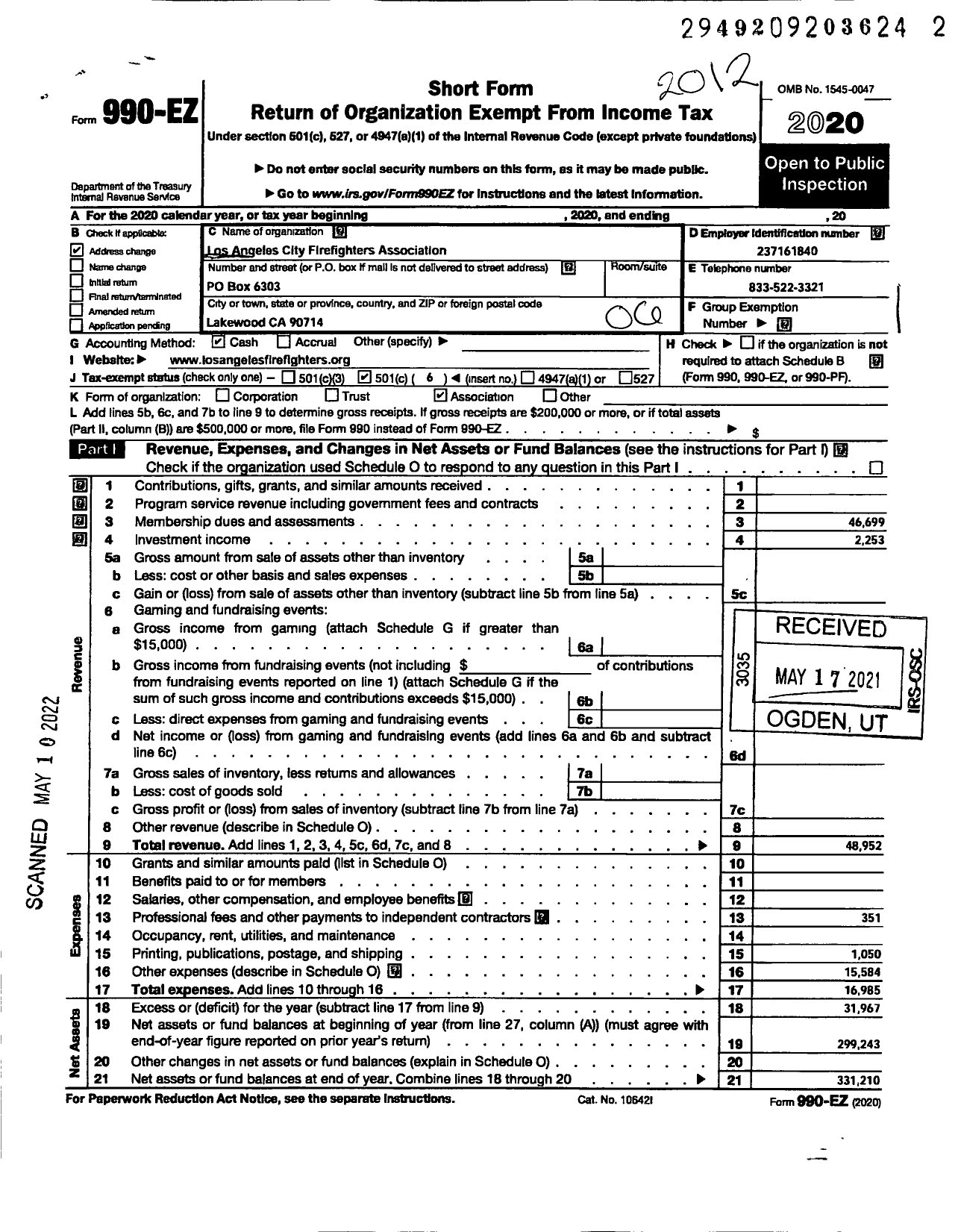 Image of first page of 2020 Form 990EO for Los Angeles City Firefighters Association