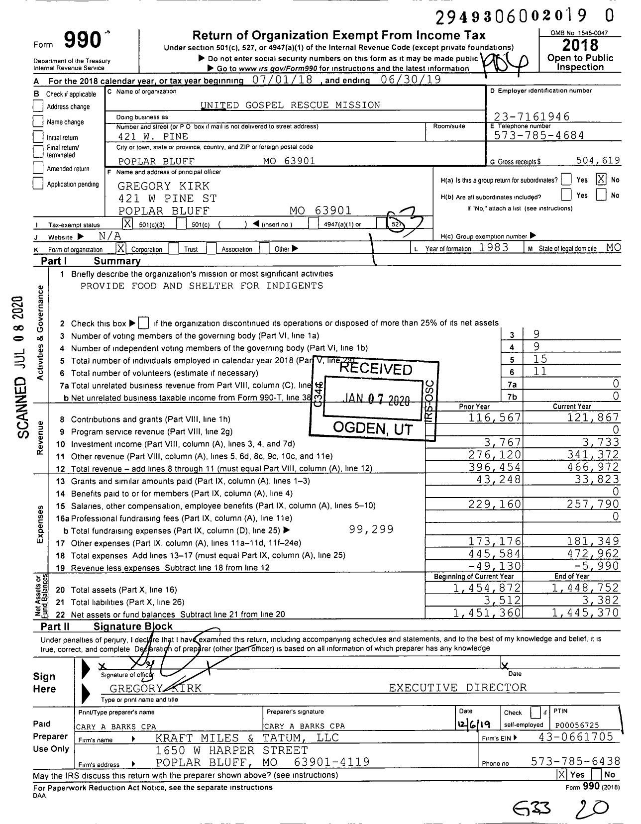 Image of first page of 2018 Form 990 for United Gospel Rescue Mission