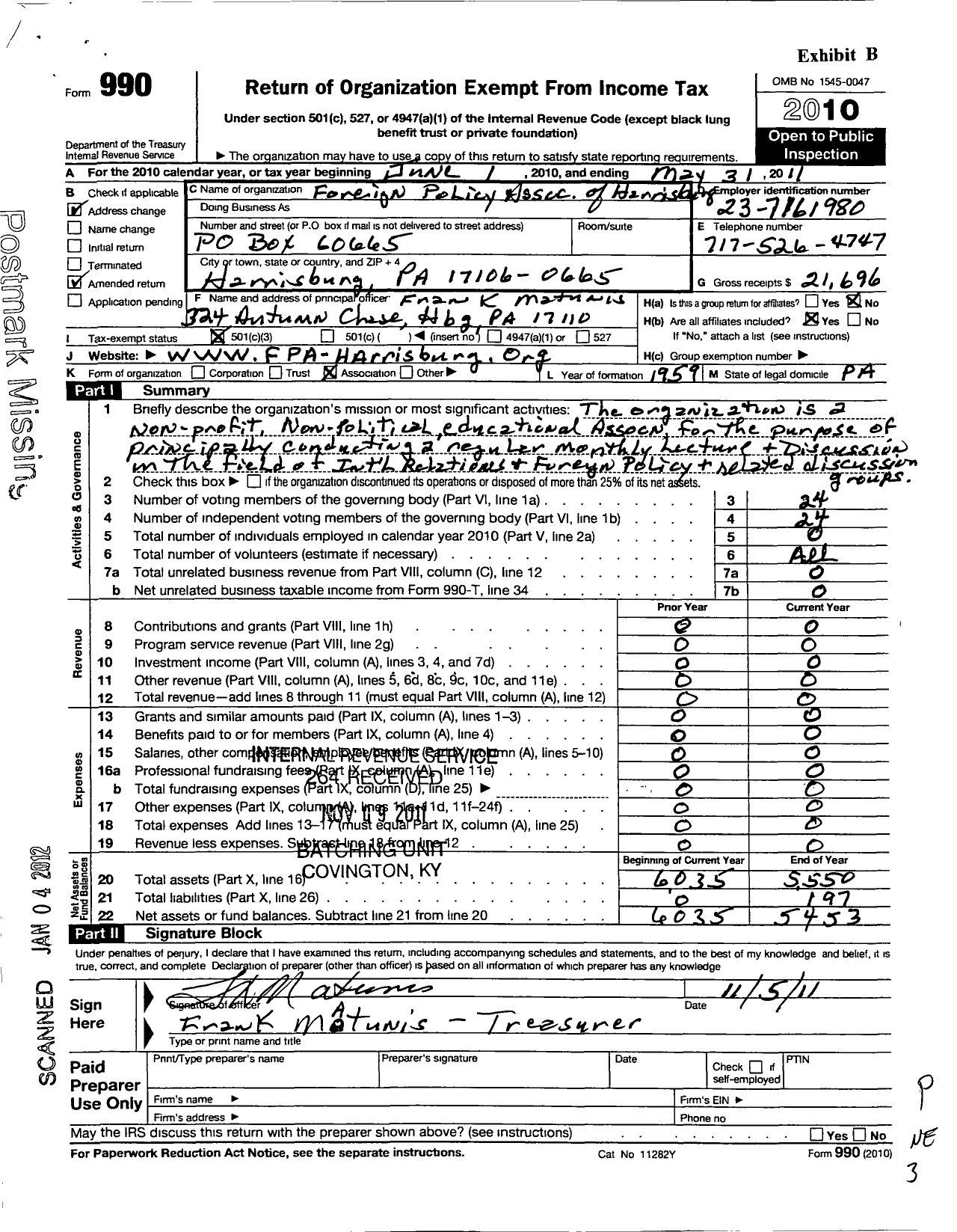 Image of first page of 2010 Form 990 for Foreign Policy Association of Harrisburg