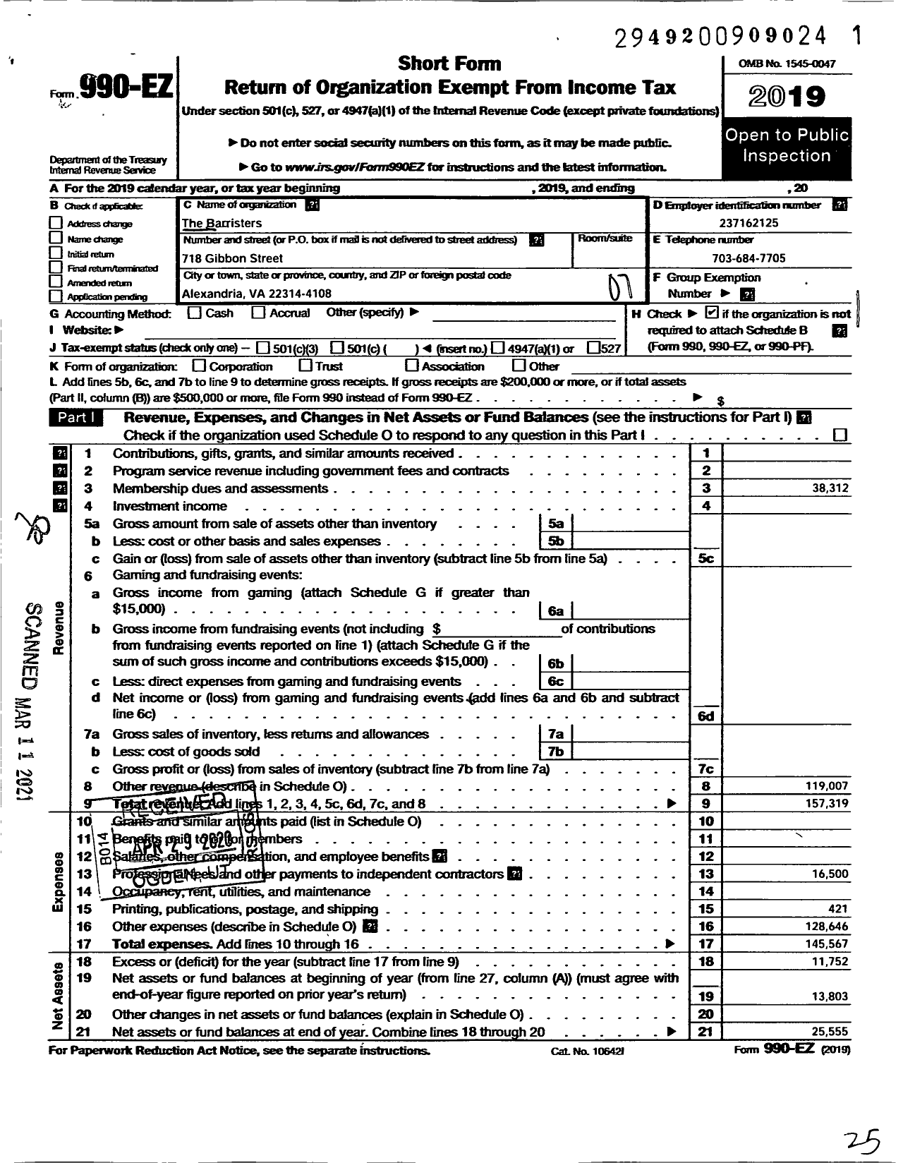 Image of first page of 2019 Form 990EO for The Barristers