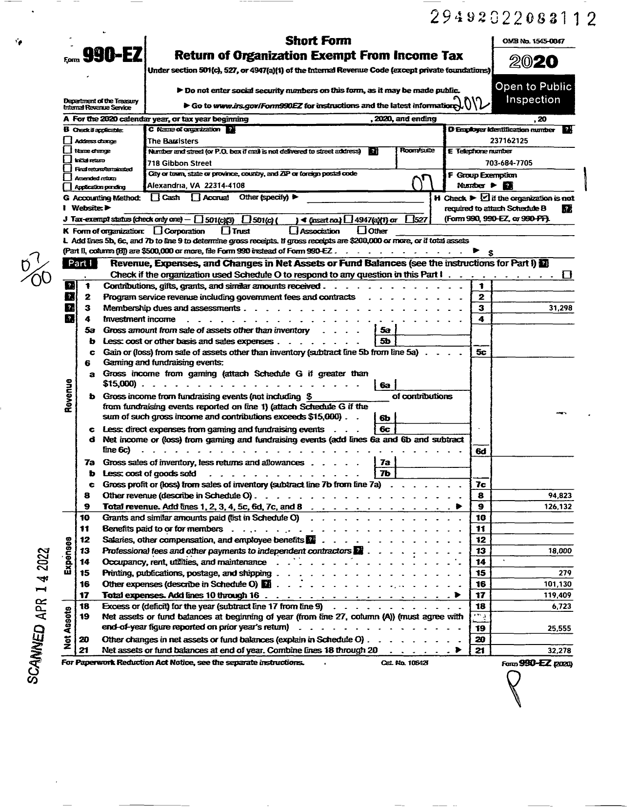 Image of first page of 2020 Form 990EO for The Barristers