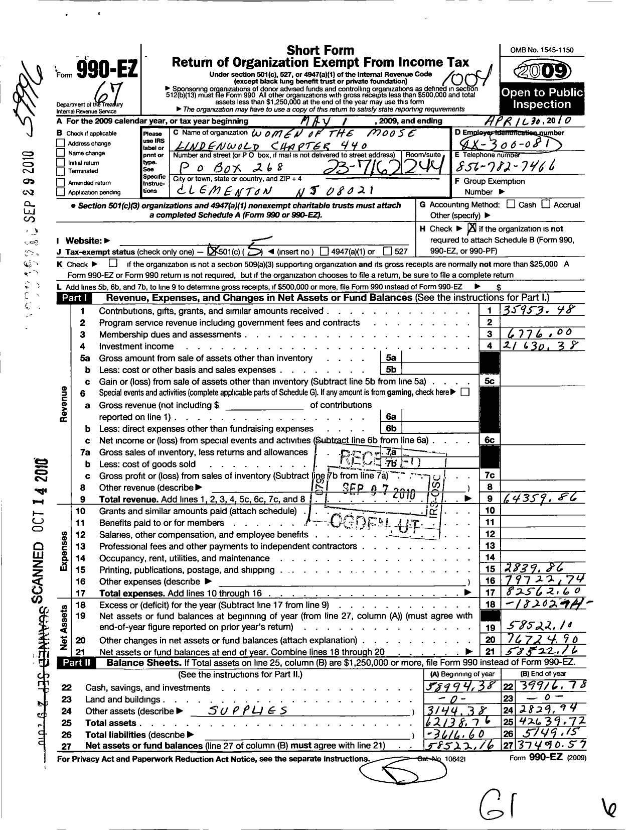 Image of first page of 2009 Form 990EO for Loyal Order of Moose - 440