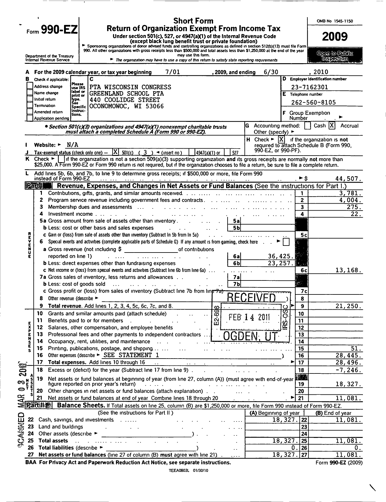 Image of first page of 2009 Form 990EZ for PTA Wisconsin Congress / Greenland School