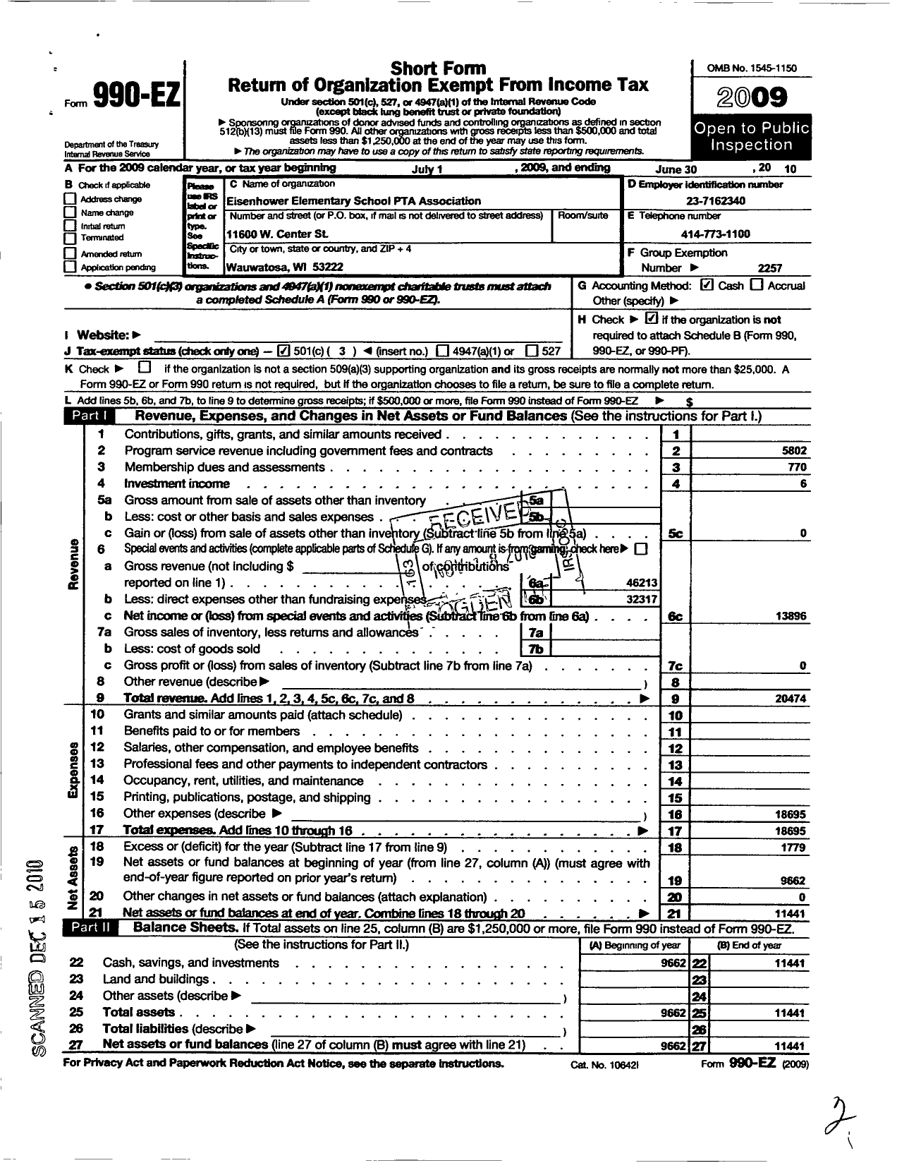 Image of first page of 2009 Form 990EZ for PTA Wisconsin Congress / Eisenhower Elementary School