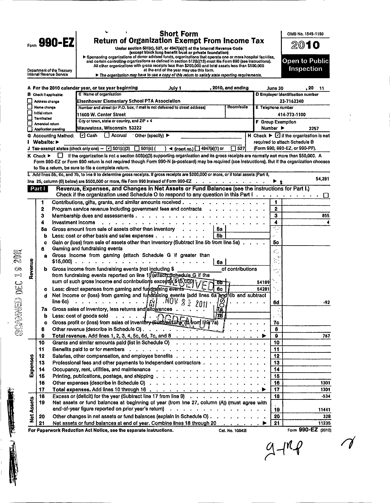 Image of first page of 2010 Form 990EZ for PTA Wisconsin Congress / Eisenhower Elementary School