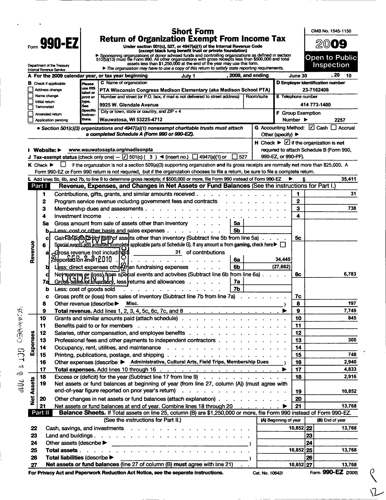 Image of first page of 2009 Form 990EZ for Madison PTA