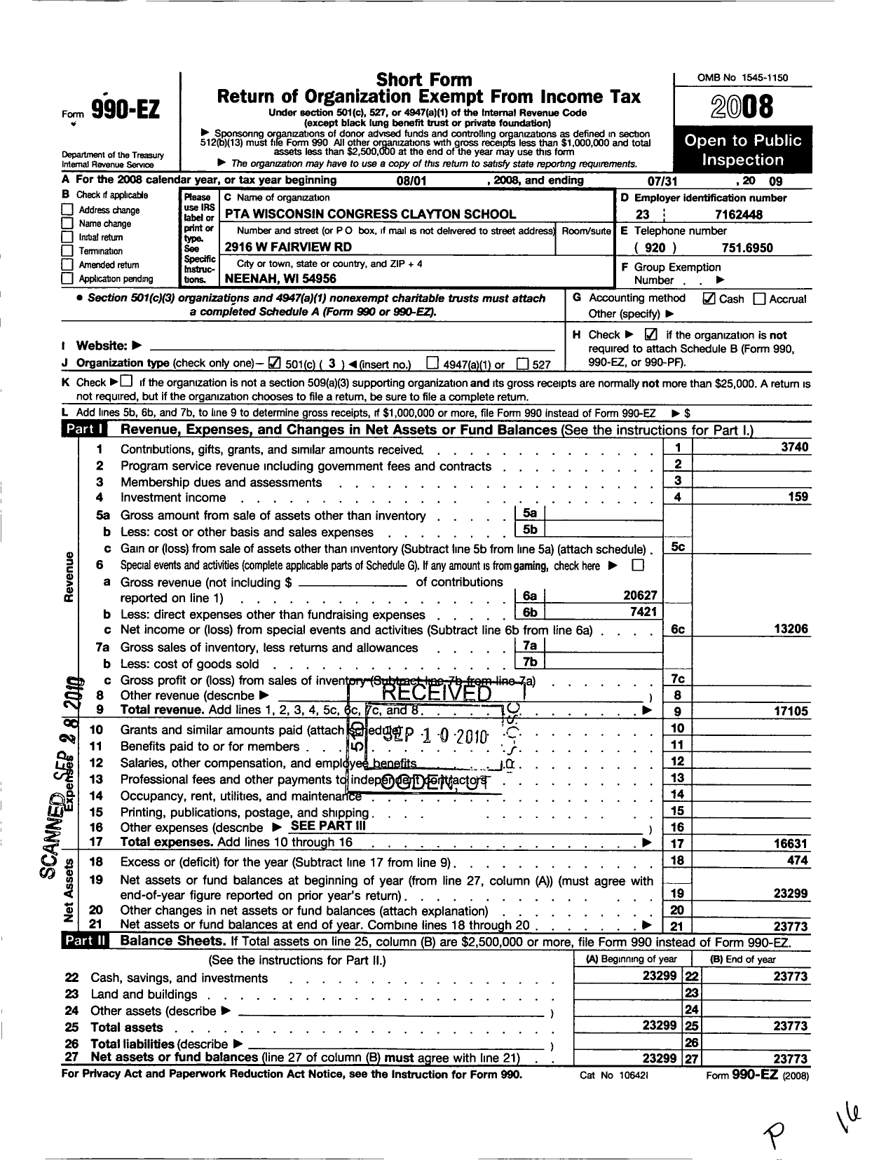 Image of first page of 2008 Form 990EZ for PTA Wisconsin Congress / Clayton School