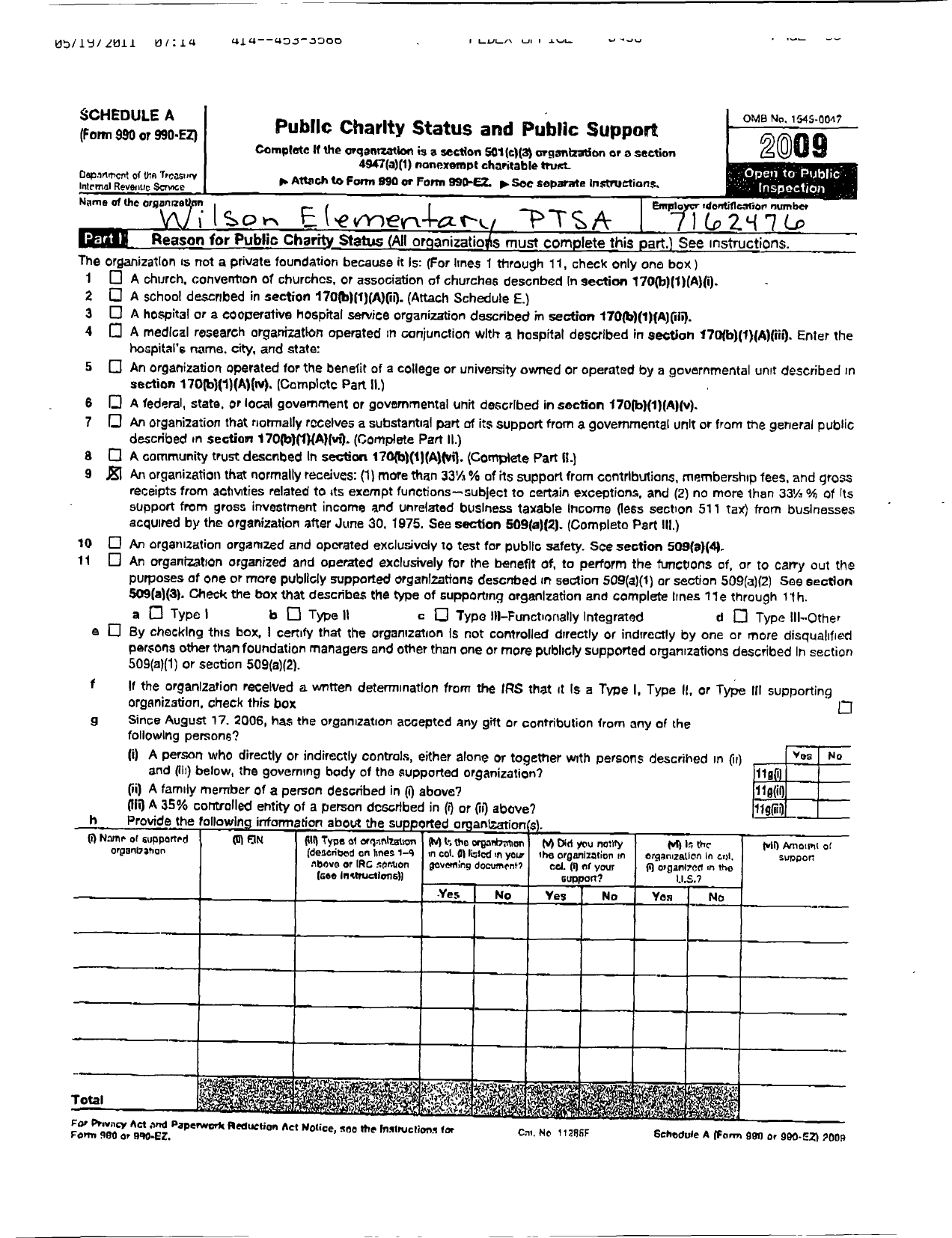 Image of first page of 2009 Form 990ER for PTA Wisconsin Congress / Wilson School