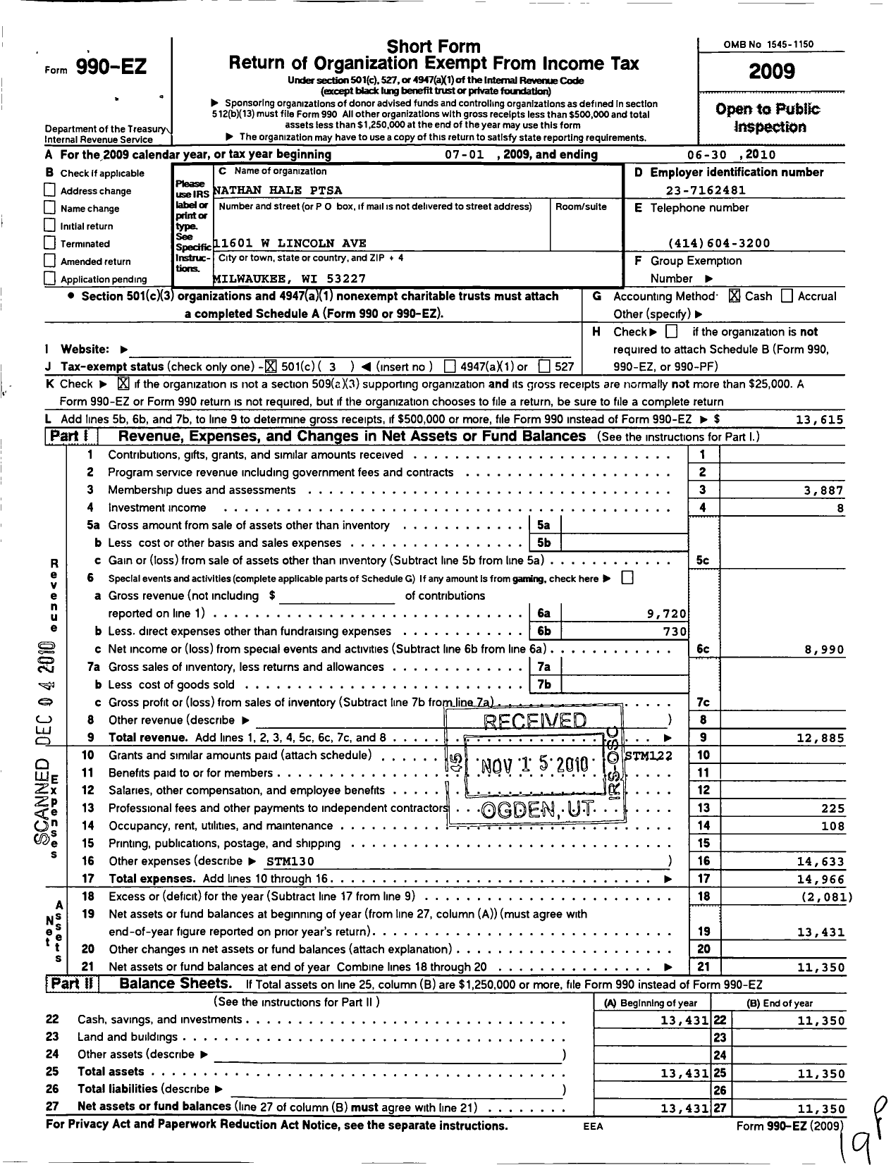 Image of first page of 2009 Form 990EZ for PTA Wisconsin Congress / Nathan Hale Ptsa