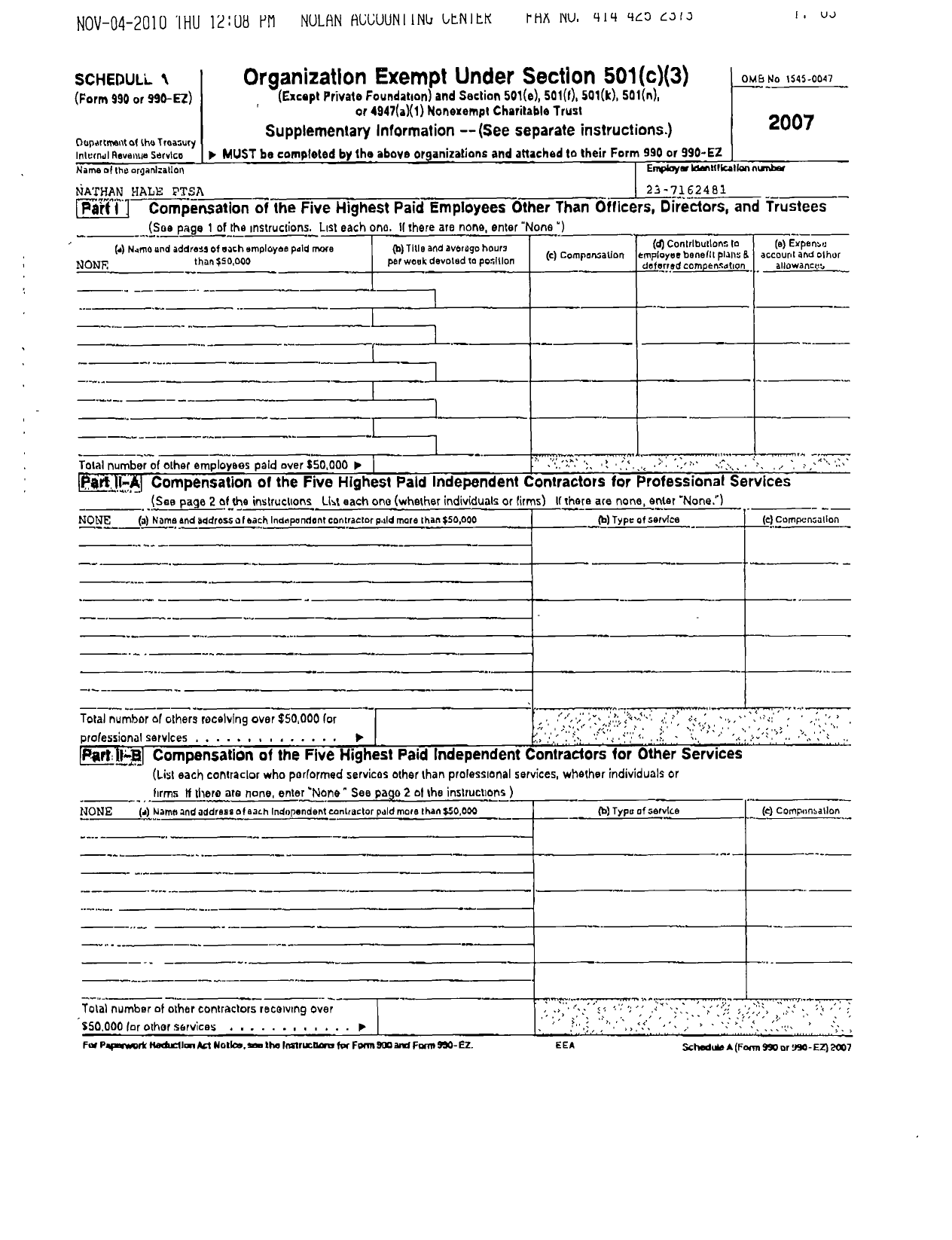 Image of first page of 2007 Form 990ER for PTA Wisconsin Congress / Nathan Hale Ptsa