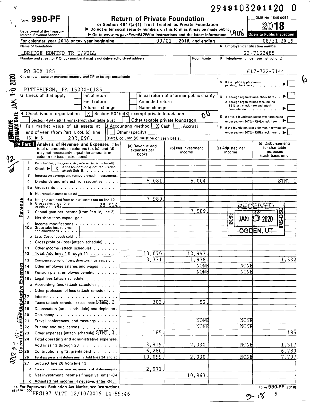 Image of first page of 2018 Form 990PR for Bridge Edmund TR Uwill