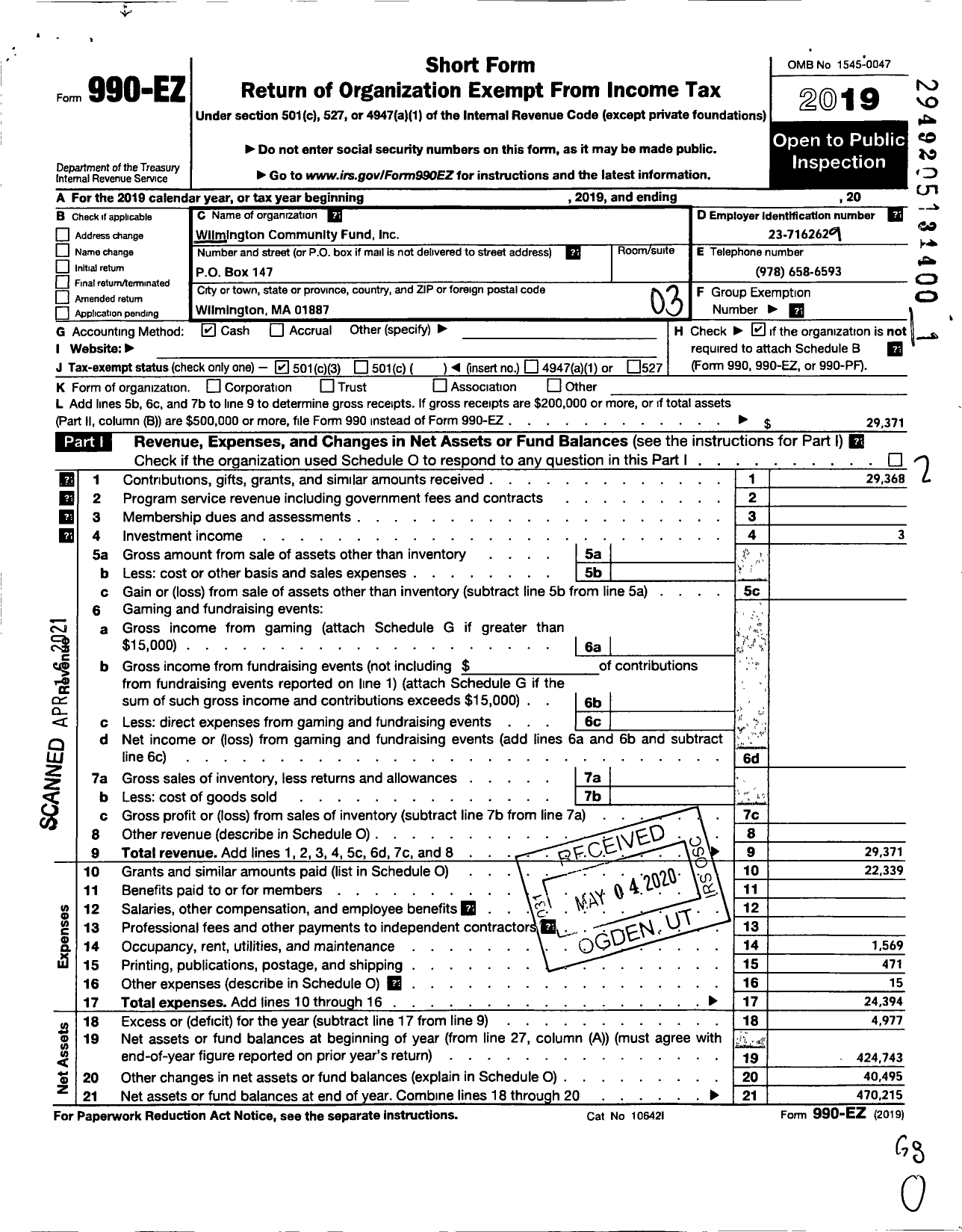 Image of first page of 2019 Form 990EZ for Wilmington Community Fund