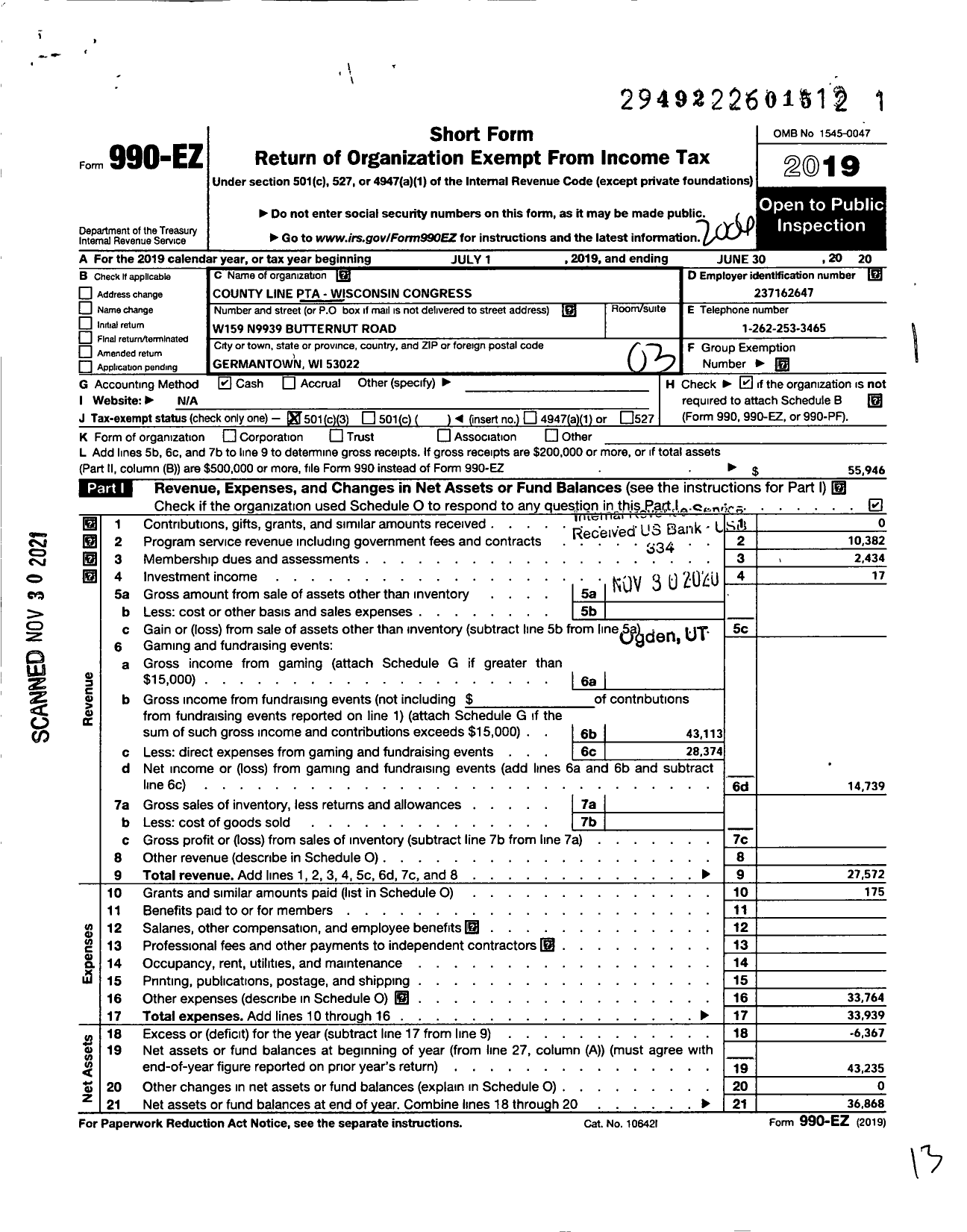 Image of first page of 2019 Form 990EZ for PTA WISCONSIN Congress / County Line School