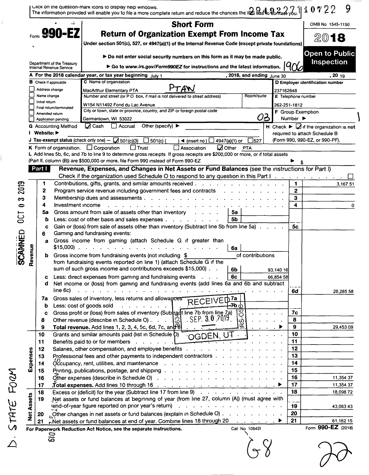 Image of first page of 2018 Form 990EZ for PTA Wisconsin Congress / Macarthur School