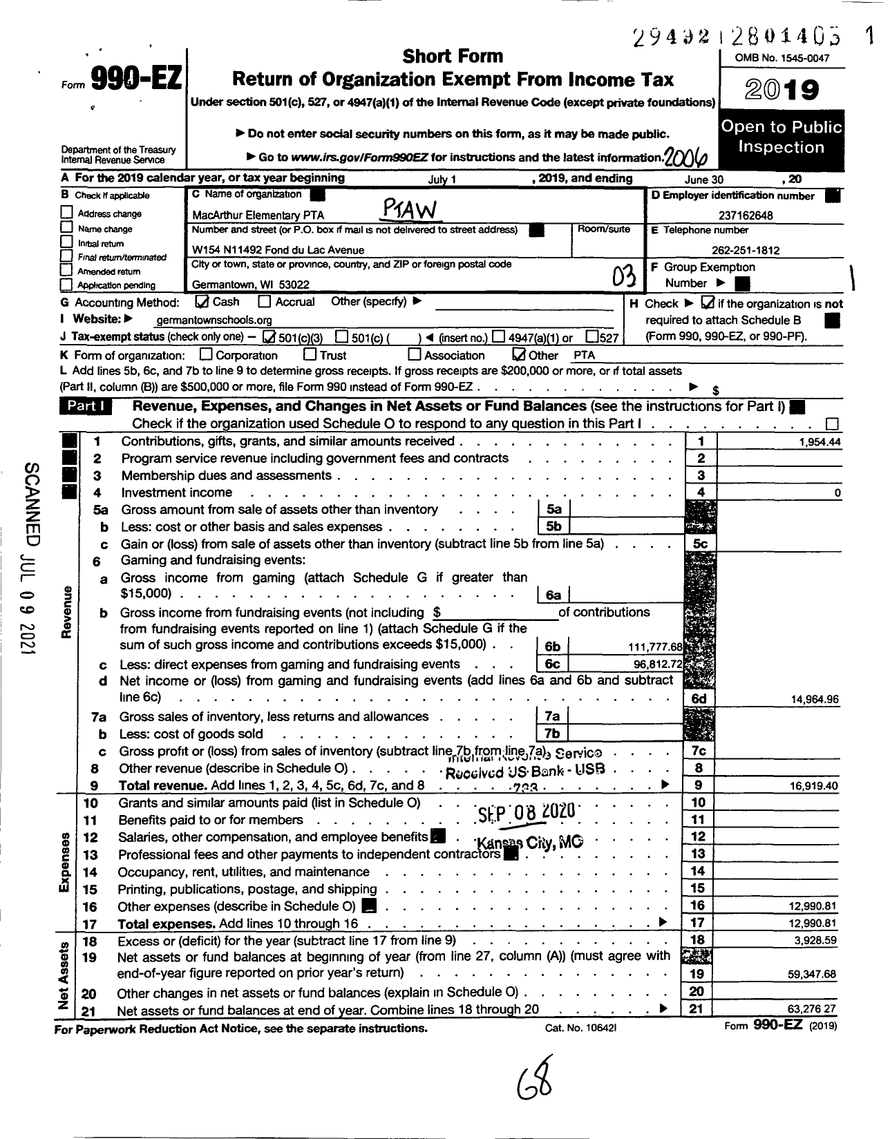 Image of first page of 2019 Form 990EZ for PTA Wisconsin Congress / Macarthur School