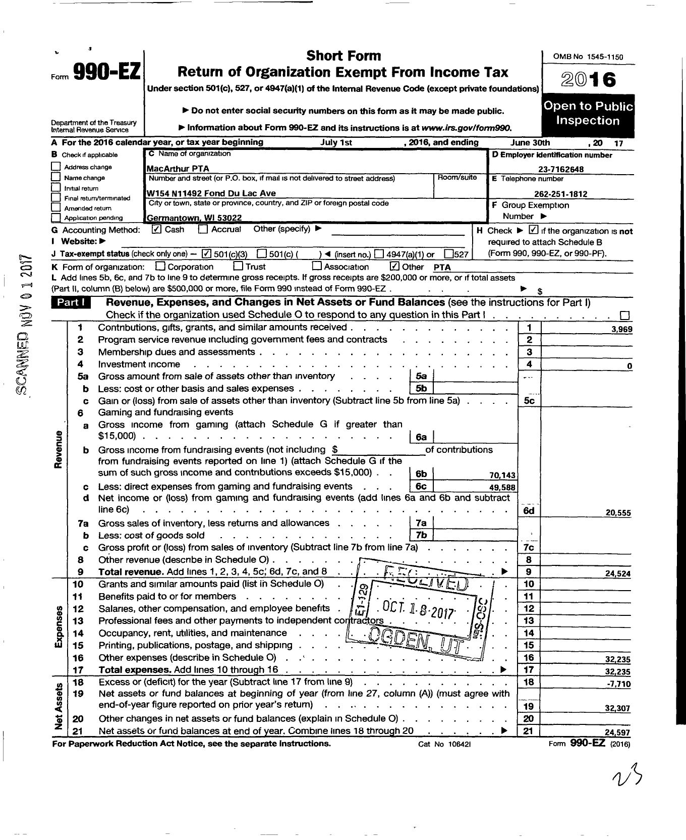 Image of first page of 2016 Form 990EZ for PTA Wisconsin Congress / Macarthur School