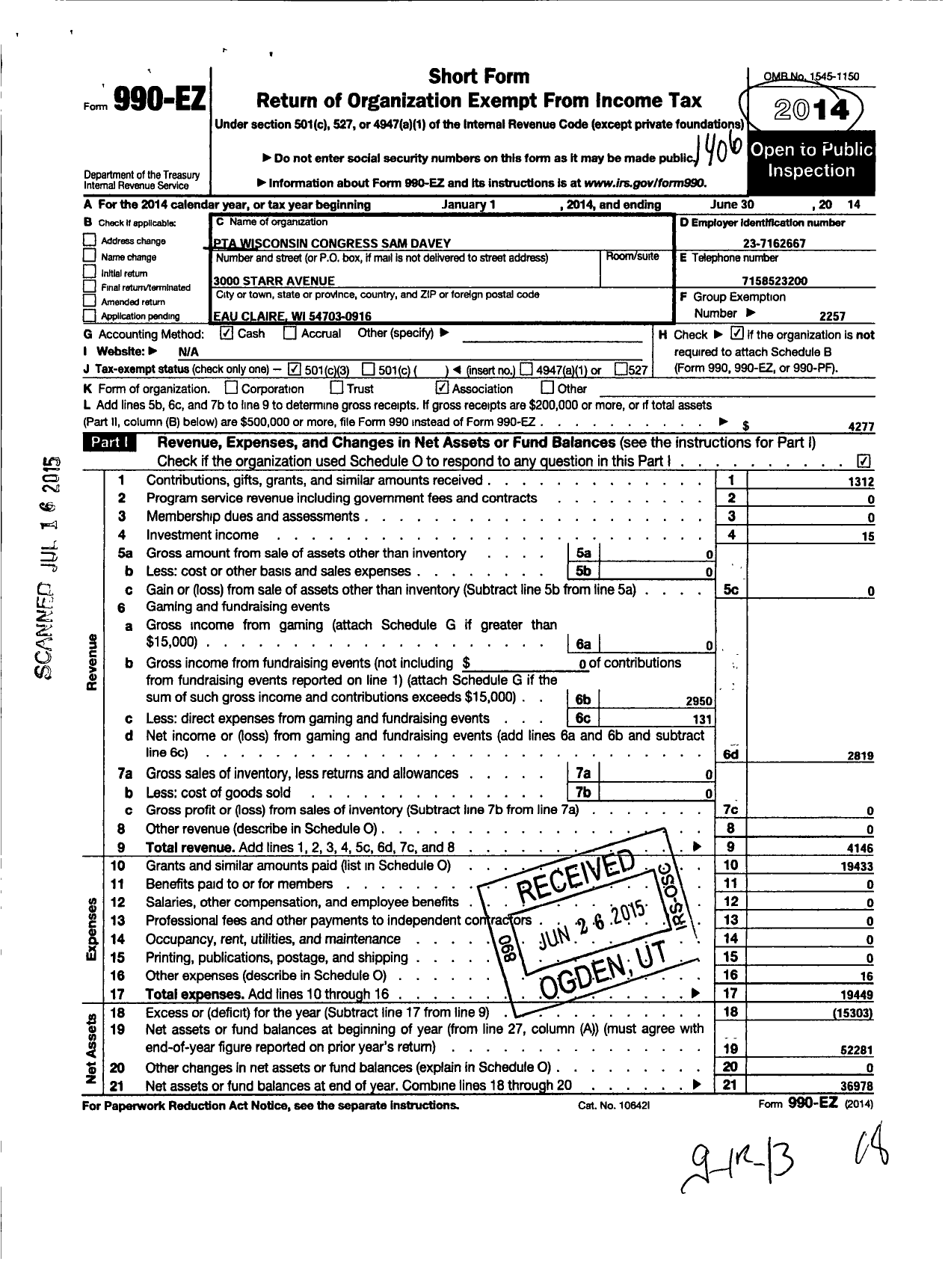 Image of first page of 2013 Form 990EZ for PTA Wisconsin Congress / Sam Davey