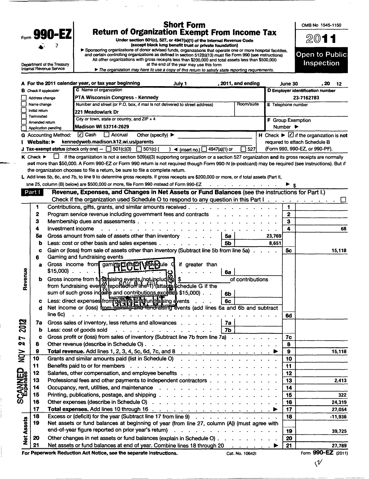 Image of first page of 2011 Form 990EO for PTA Wisconsin Congress / Kennedy