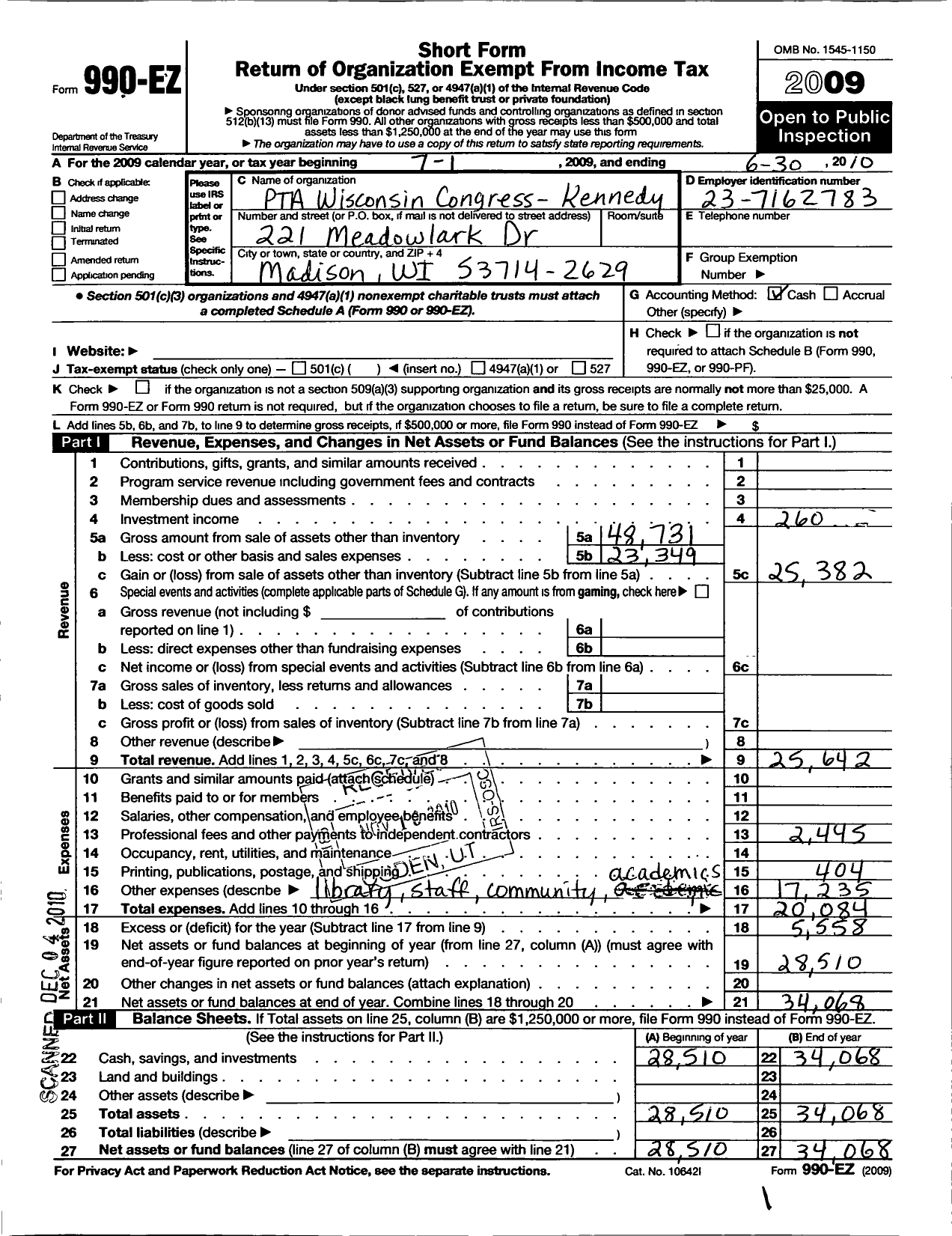 Image of first page of 2009 Form 990EO for PTA Wisconsin Congress / Kennedy