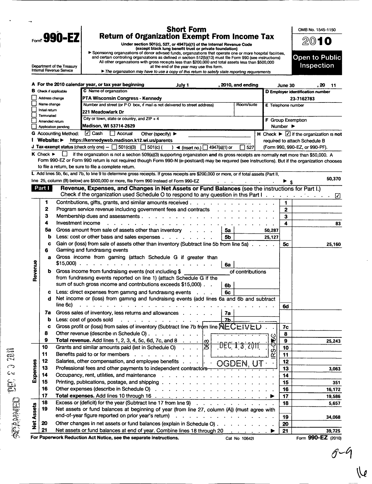 Image of first page of 2010 Form 990EO for PTA Wisconsin Congress / Kennedy