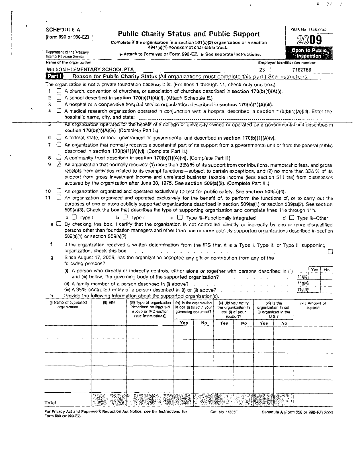 Image of first page of 2009 Form 990ER for Wilson Elementary Pto