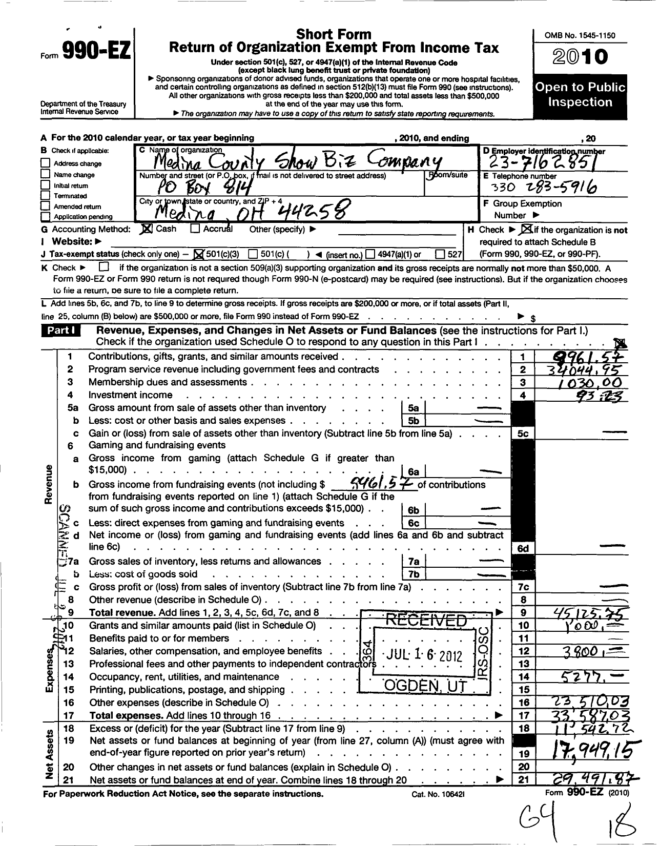 Image of first page of 2010 Form 990EZ for Medina County Show Biz Company