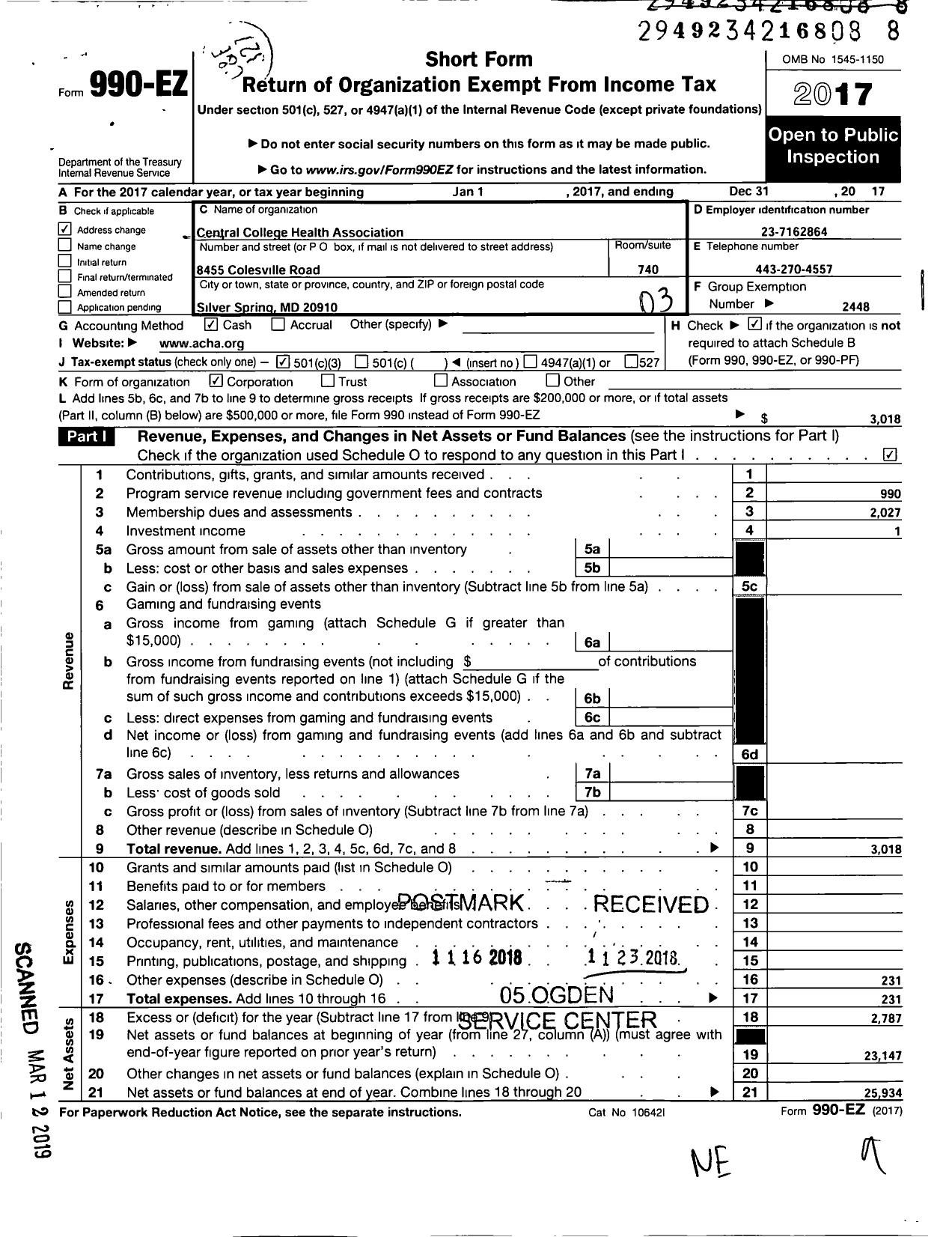 Image of first page of 2017 Form 990EZ for Central College Health Association