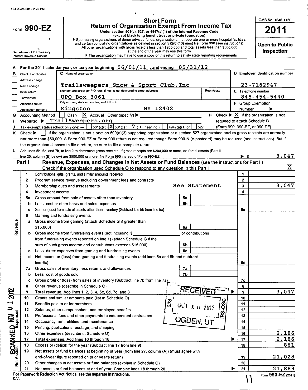 Image of first page of 2011 Form 990EO for Trailsweepers Snow and Sport Clubinc