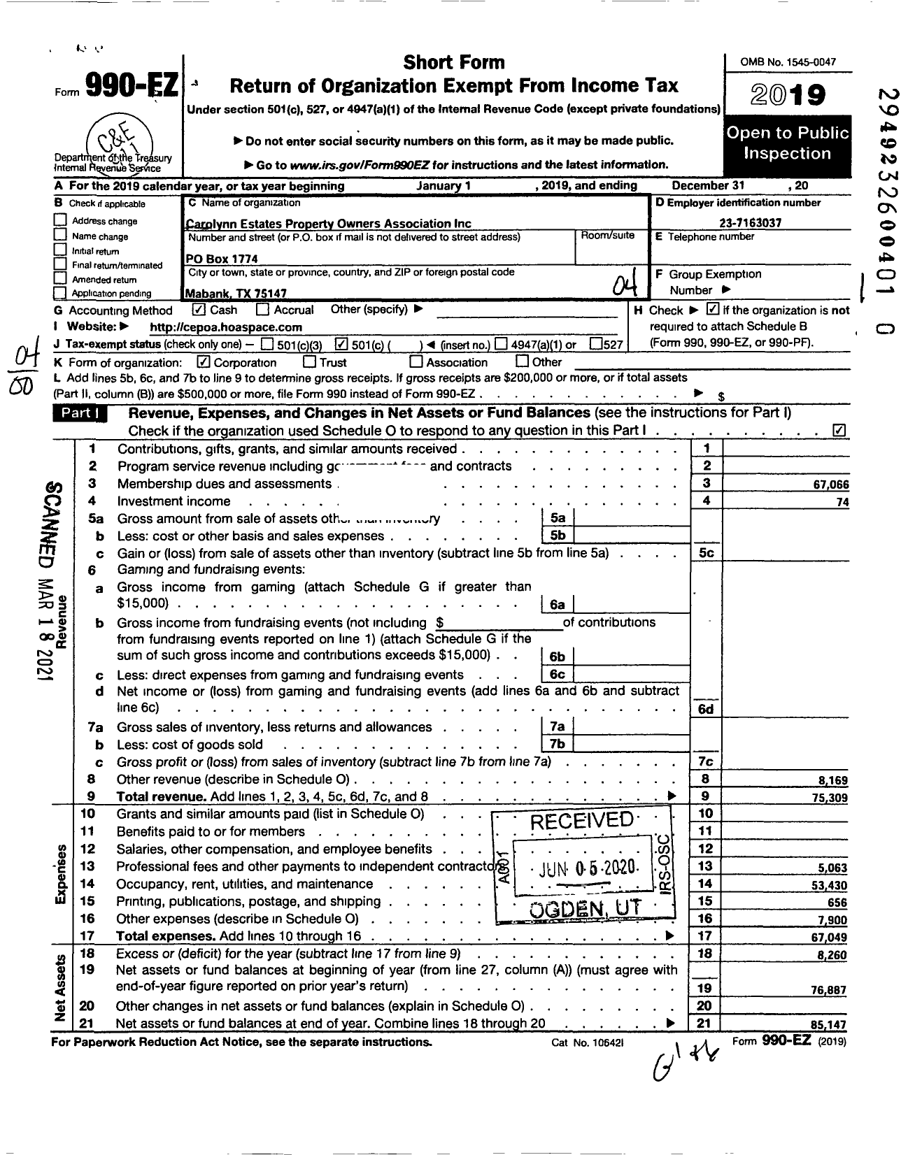 Image of first page of 2019 Form 990EO for Carolynn Estates Property Owners Association