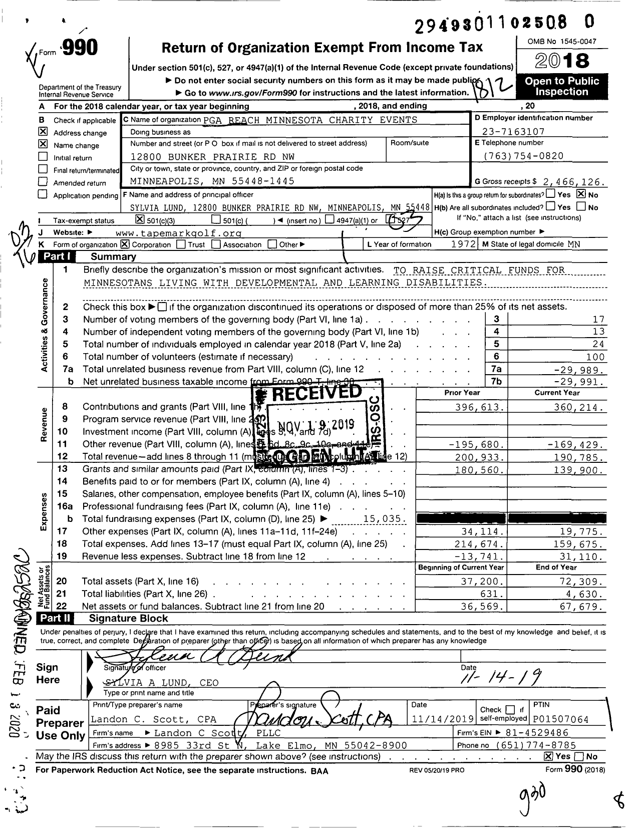 Image of first page of 2018 Form 990 for Minnesota Golf Charity Events