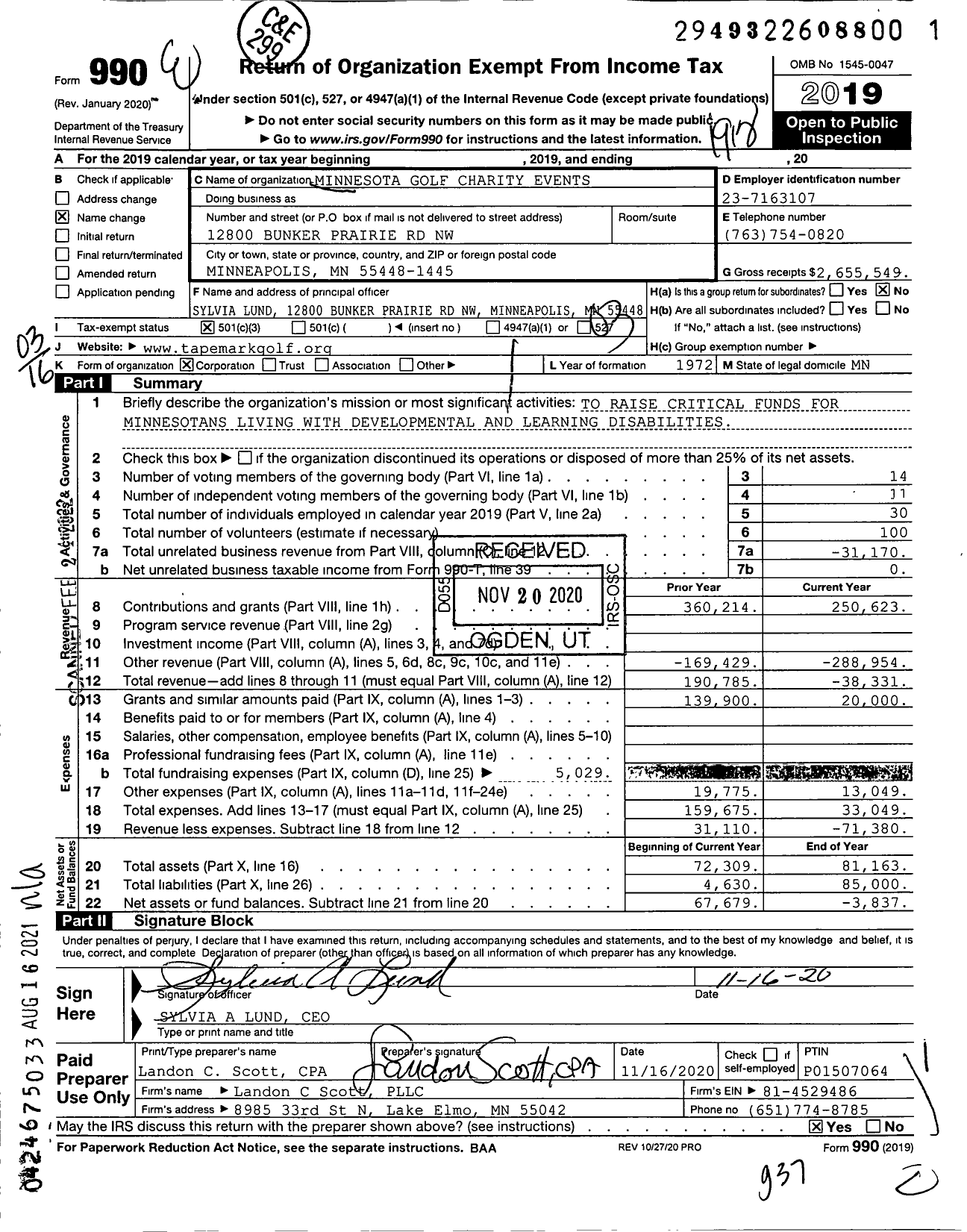 Image of first page of 2019 Form 990 for Minnesota Golf Charity Events