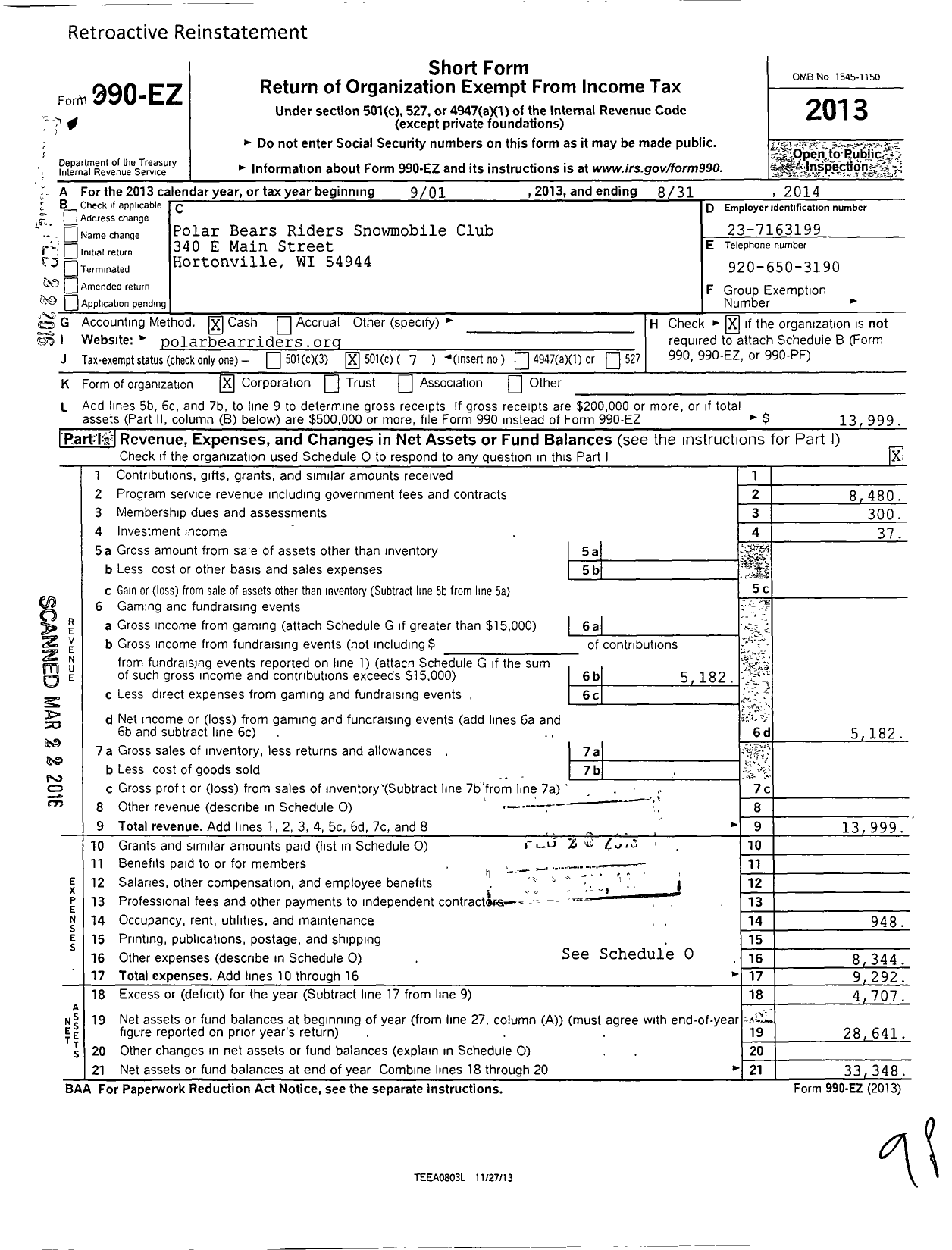 Image of first page of 2013 Form 990EO for Polar Bears Riders Snowmobile Club