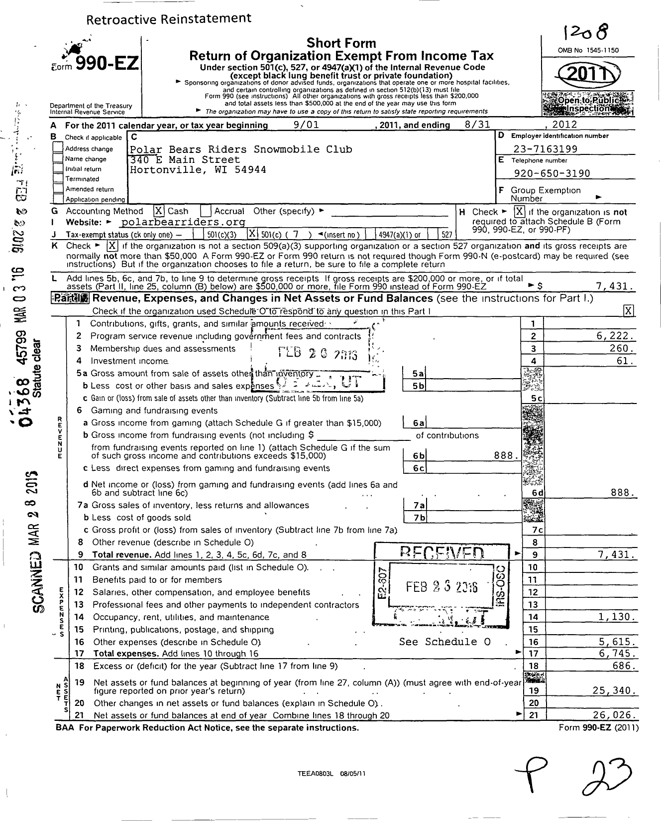 Image of first page of 2011 Form 990EO for Polar Bears Riders Snowmobile Club