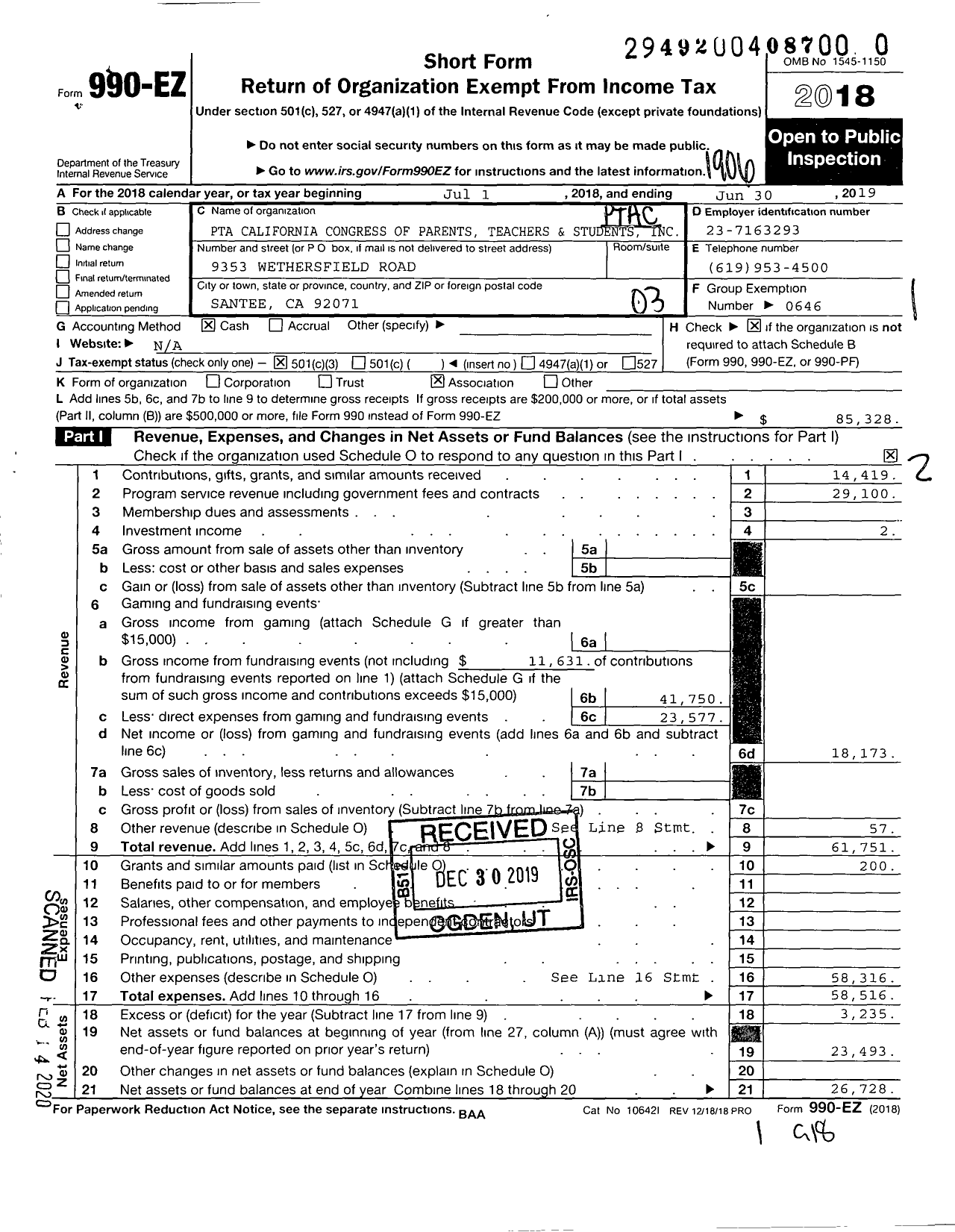 Image of first page of 2018 Form 990EZ for California State PTA - Carlton Oaks PTSA