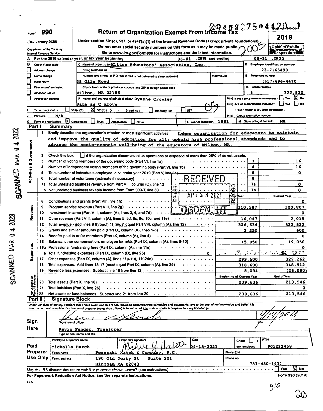 Image of first page of 2019 Form 990O for Massachusetts Teachers Association - Milton Education Assn