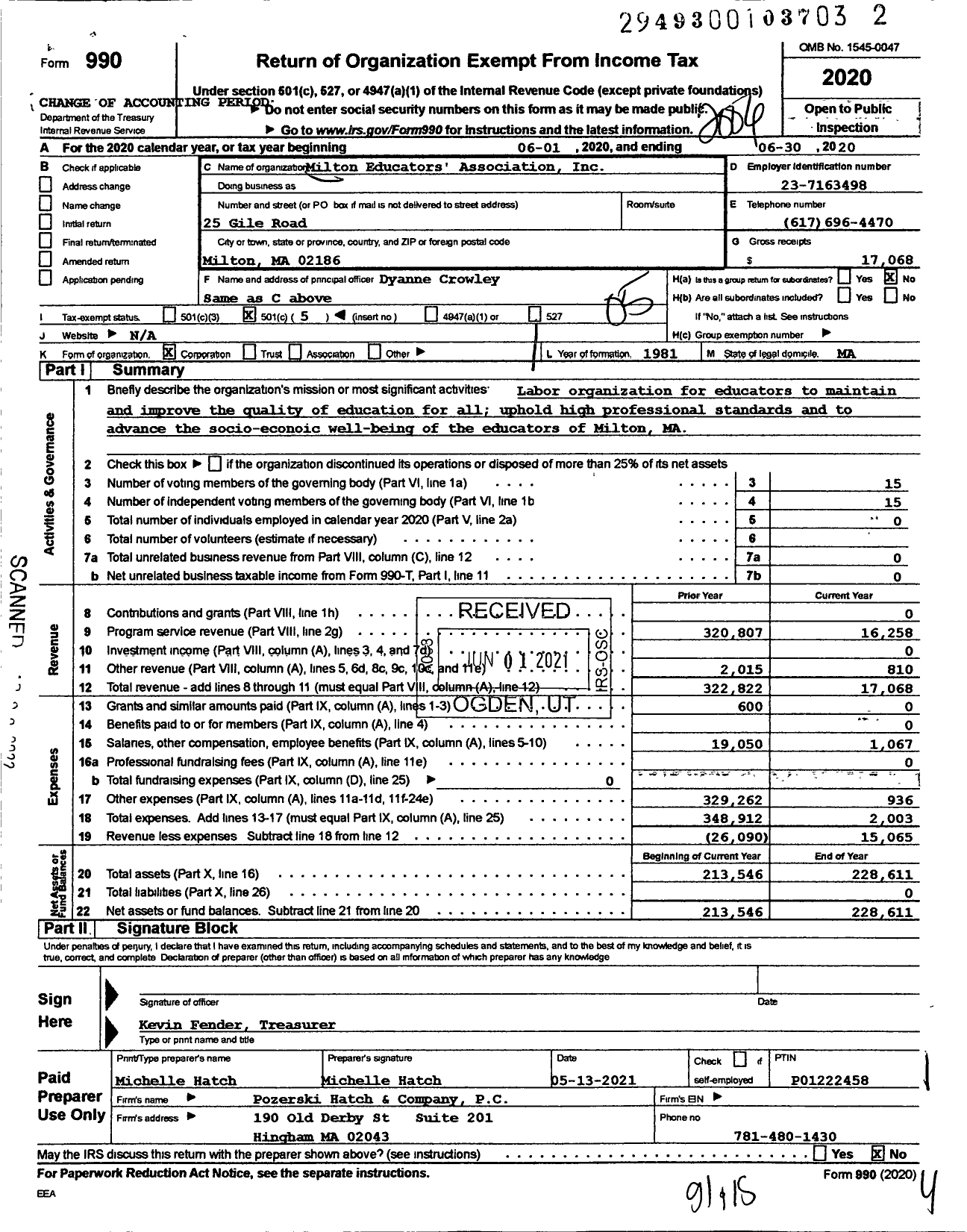 Image of first page of 2019 Form 990O for Massachusetts Teachers Association - Milton Education Assn