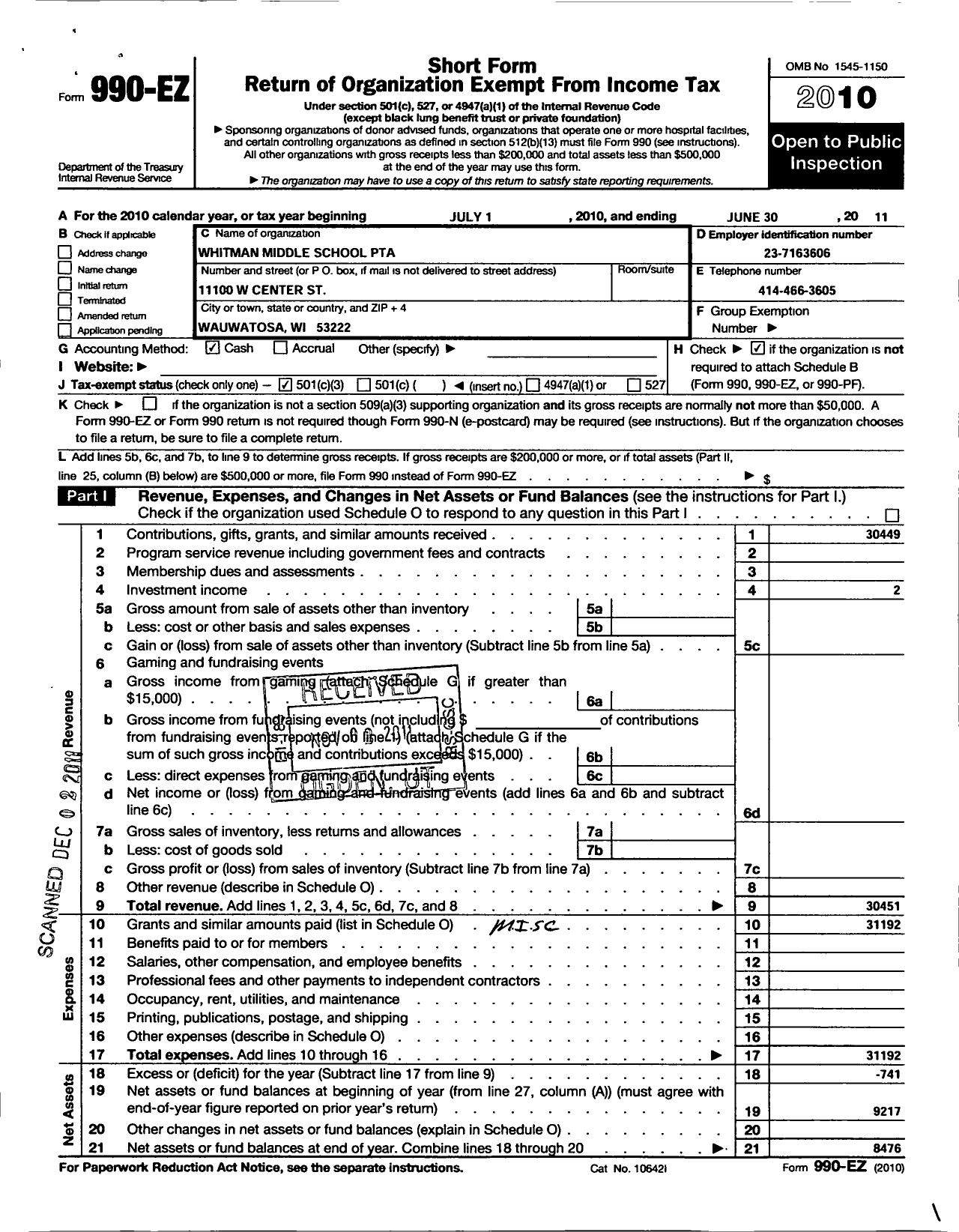 Image of first page of 2010 Form 990EZ for PTA Wisconsin Congress / Whitman Middle School