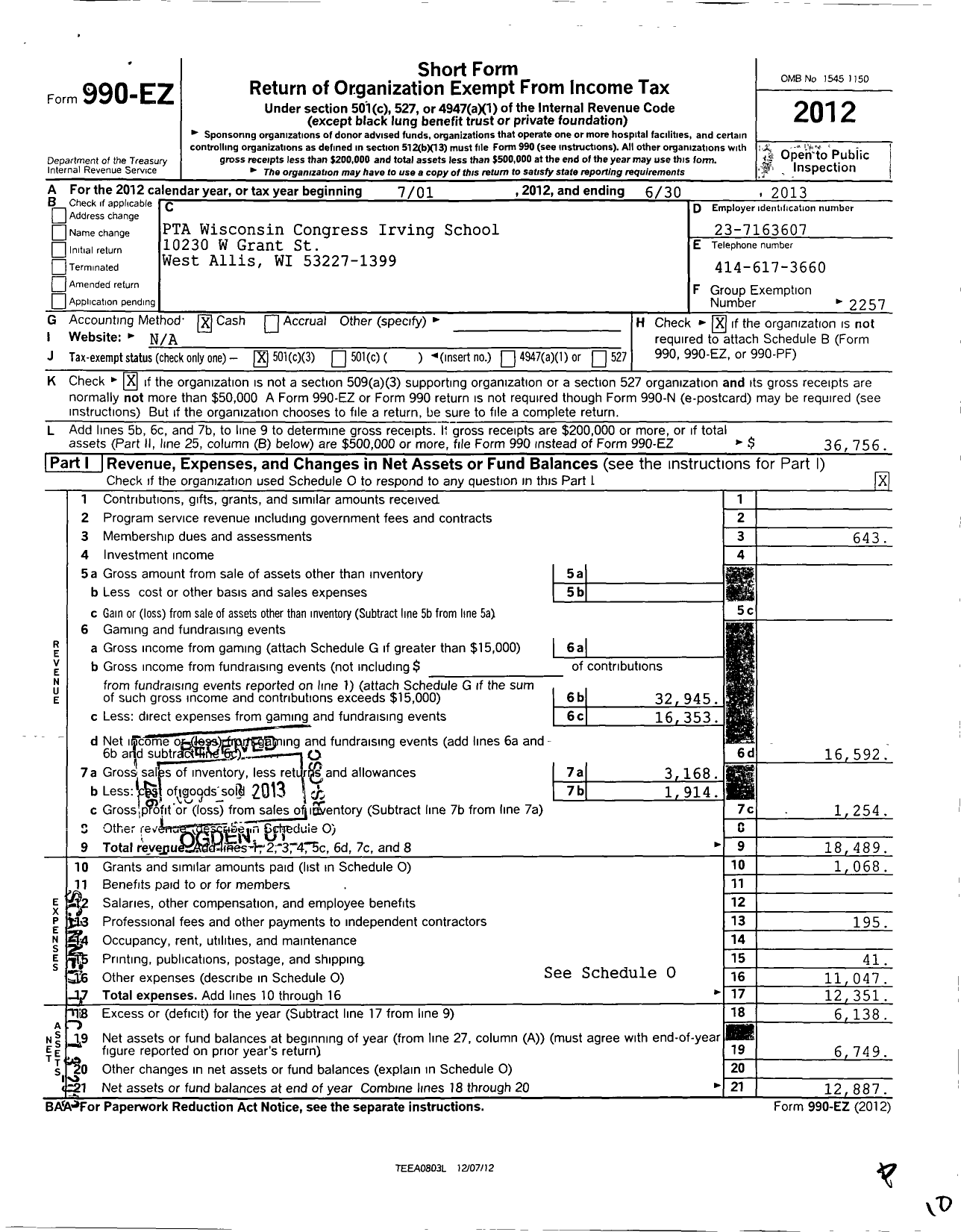 Image of first page of 2012 Form 990EZ for PTA Wisconsin Congress / Irving School