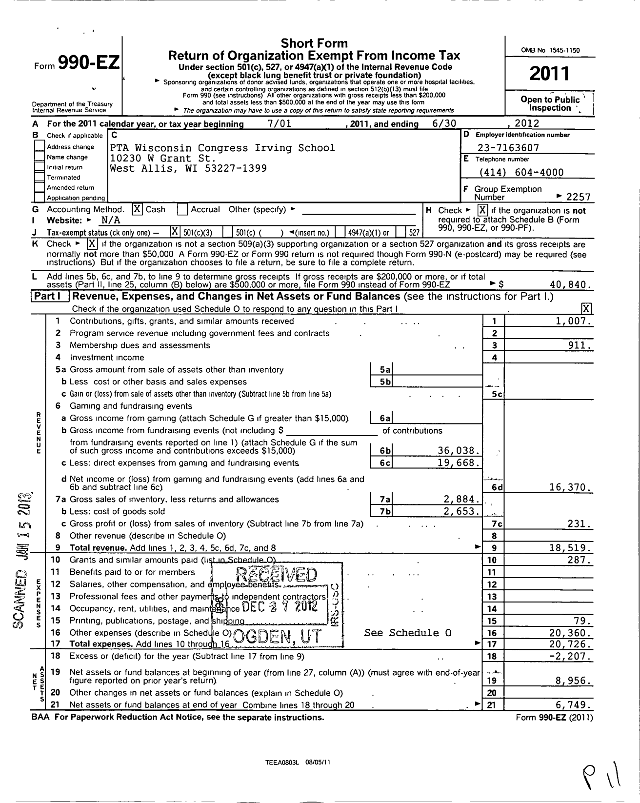 Image of first page of 2011 Form 990EZ for PTA Wisconsin Congress / Irving School