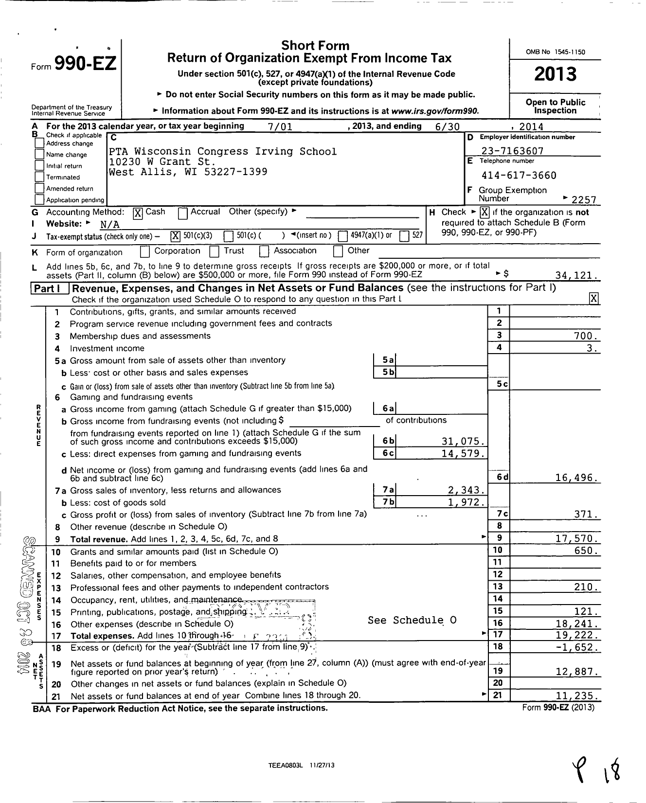 Image of first page of 2013 Form 990EZ for PTA Wisconsin Congress / Irving School