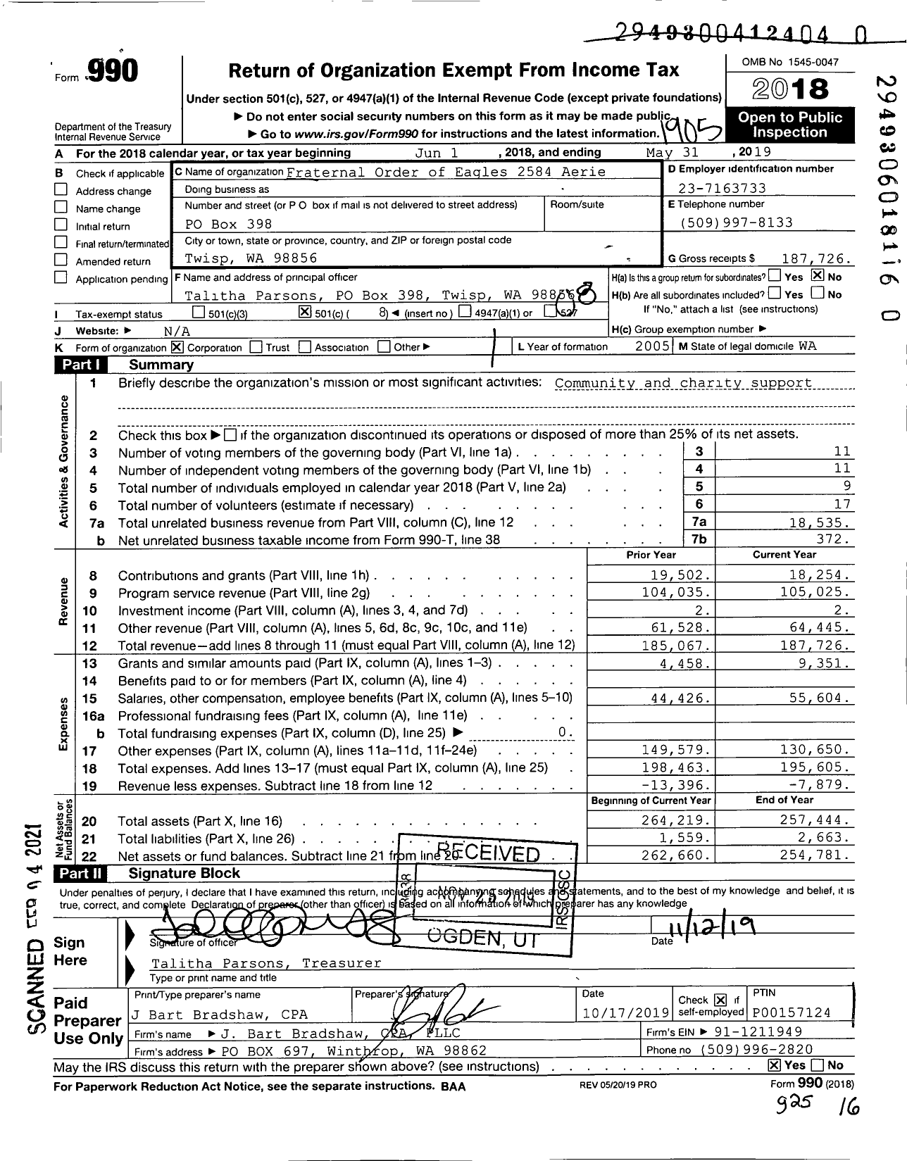 Image of first page of 2018 Form 990O for Fraternal Order of Eagles 2584 Aerie